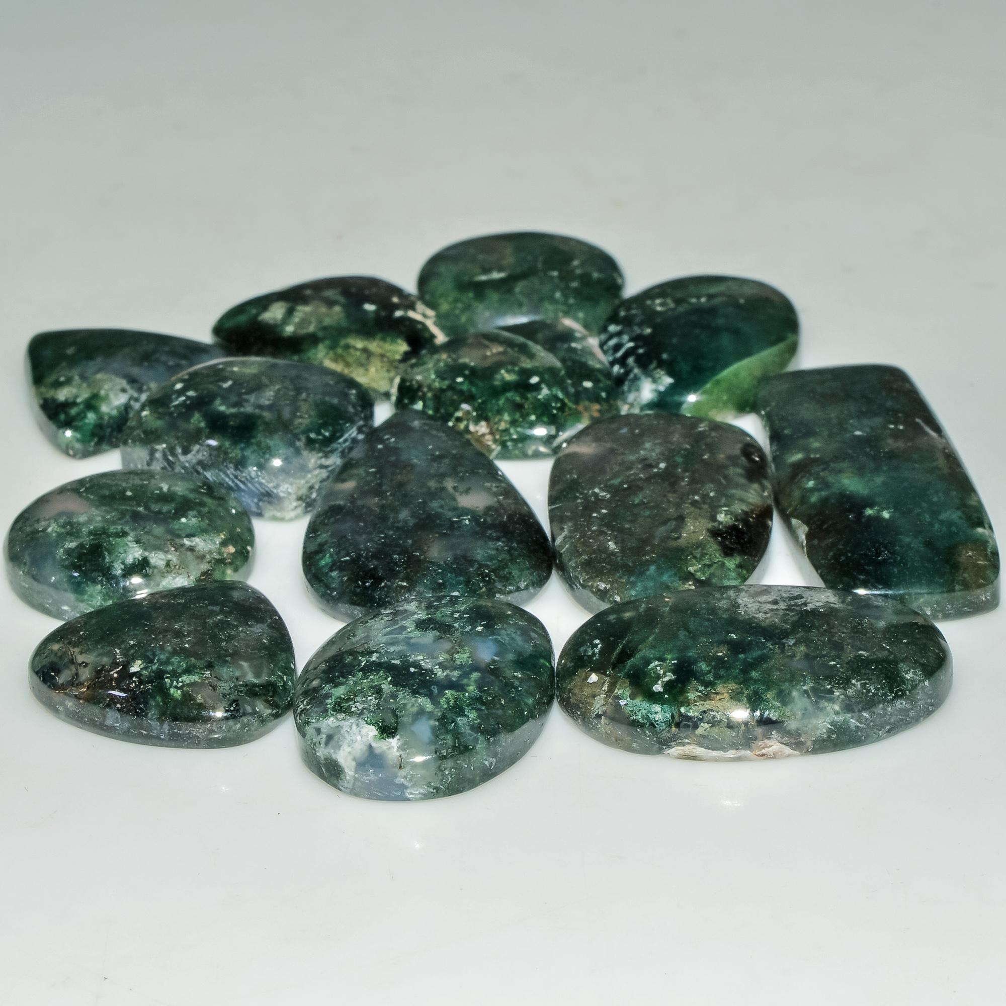13 Pcs 227 Cts Natural Semi-Precious Gemstone Green Moss Agate Mixed Shapes 35x13 15x15mm 18220
