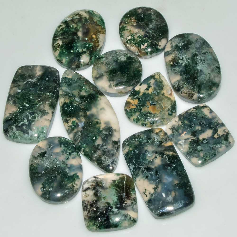 Image of 11 Pcs 202 Cts  Natural Semi-Precious Gemstone Green Moss Agate Mixed Shapes 40x15 15x15mm #18221