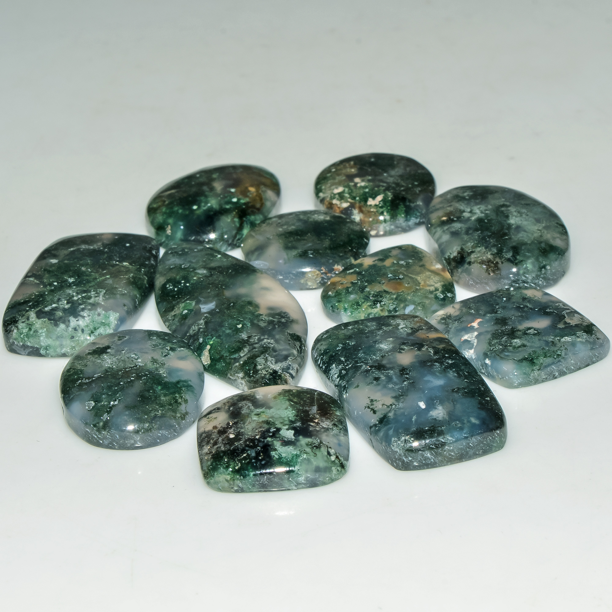 11 Pcs 202 Cts  Natural Semi-Precious Gemstone Green Moss Agate Mixed Shapes 40x15 15x15mm 18221