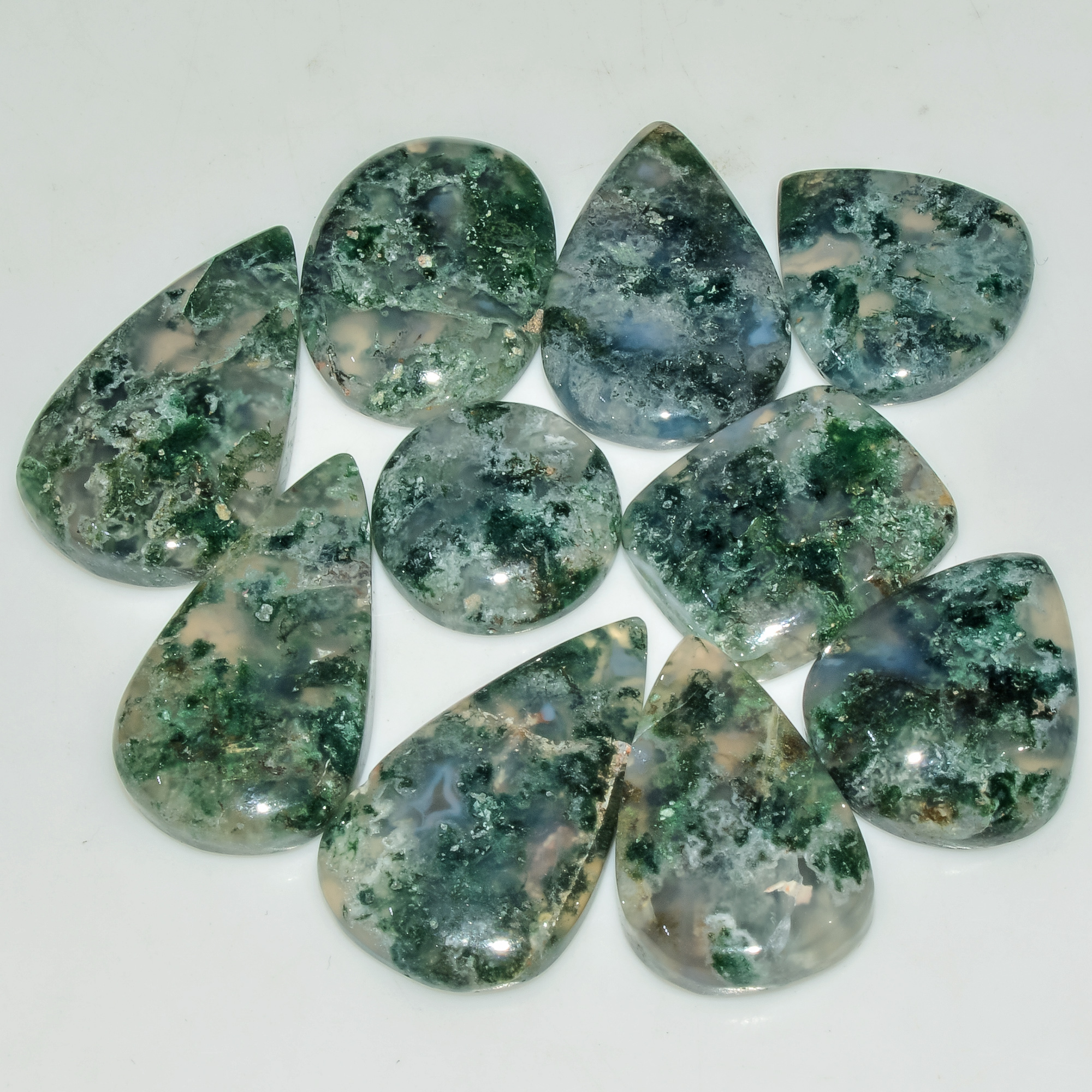 10 Pcs 173 Cts Natural Semi-Precious Gemstone Green Moss Agate Mixed Shapes 29x15 15x15mm 18222