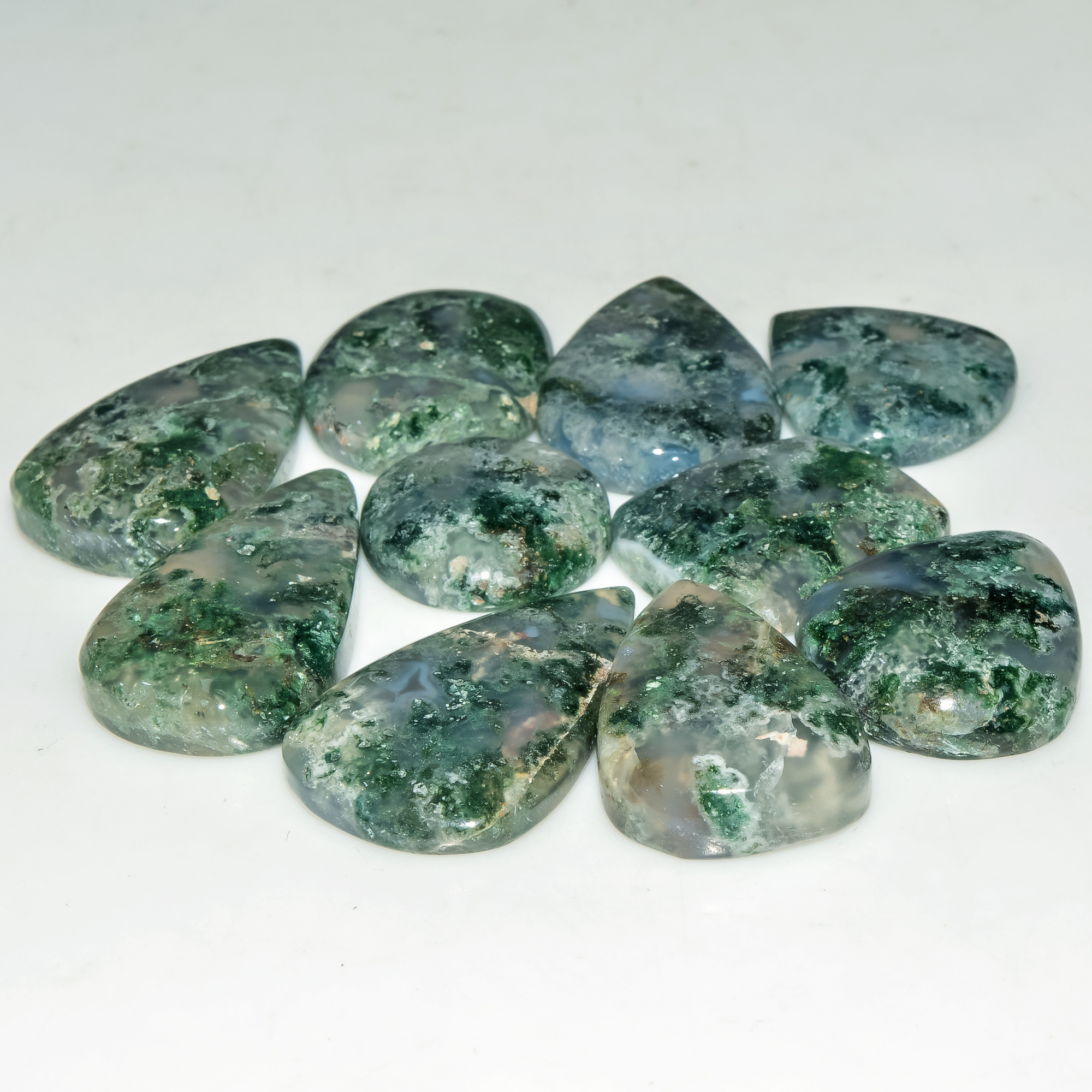 10 Pcs 173 Cts Natural Semi-Precious Gemstone Green Moss Agate Mixed Shapes 29x15 15x15mm 18222