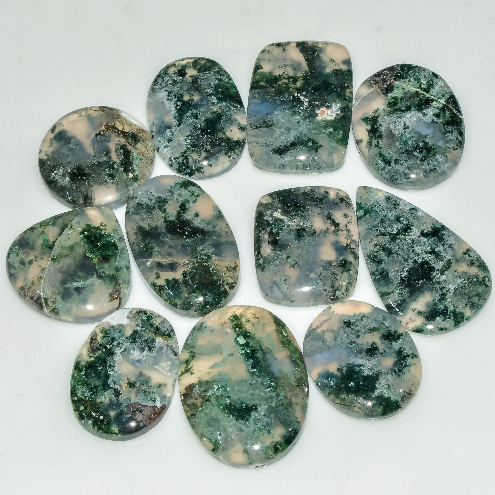 11 Pcs 182 Cts  Natural Semi-Precious Gemstone Green Moss Agate Mixed Shapes 29x15 17x17mm 18223