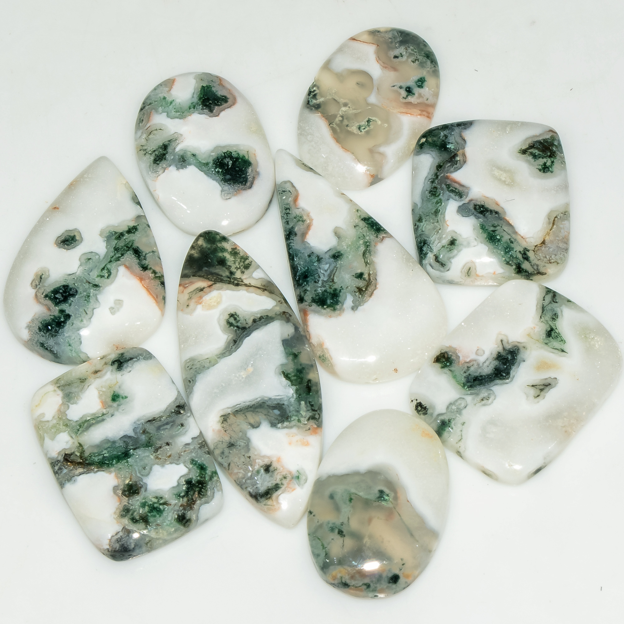 9 Pcs 136 Cts  Natural Semi-Precious Gemstone Green Moss Agate Mixed Shapes 35x13 20x14mm 18224