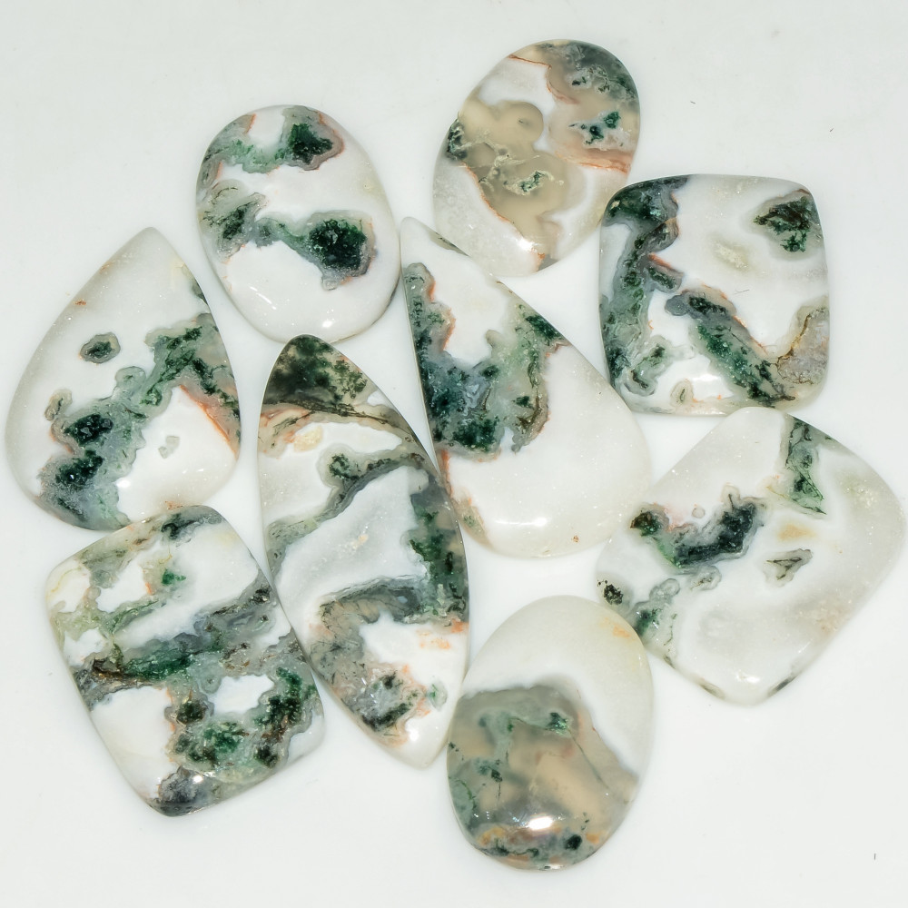 Image of 9 Pcs 136 Cts  Natural Semi-Precious Gemstone Green Moss Agate Mixed Shapes 35x13 20x14mm #18224