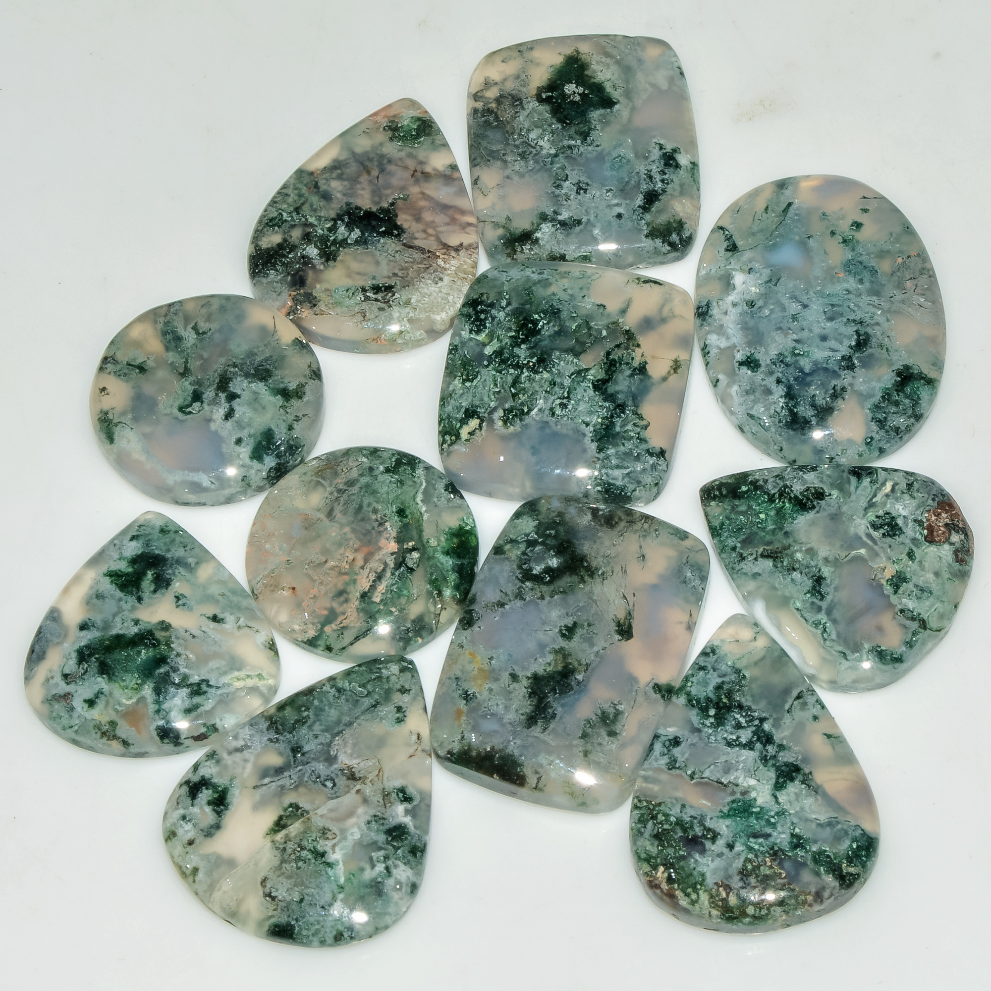 11 Pcs 189 Cts Natural Semi-Precious Gemstone Green Moss Agate Mixed Shapes 25x18 17x17mm 18225