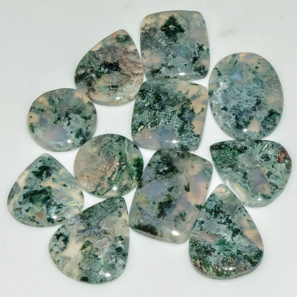 Image of 11 Pcs 189 Cts  Natural Semi-Precious Gemstone Green Moss Agate Mixed Shapes 25x18 17x17mm #18225