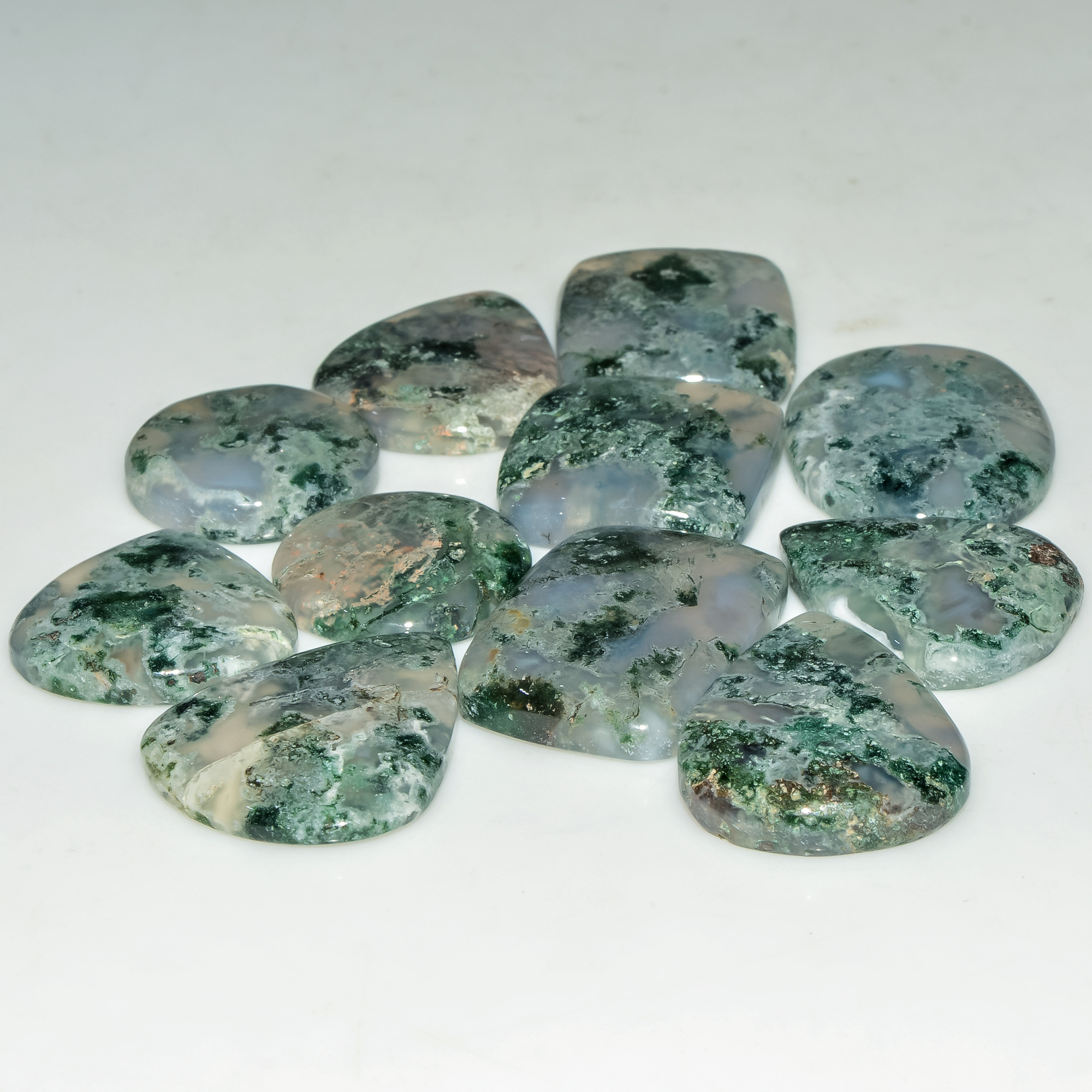 11 Pcs 189 Cts Natural Semi-Precious Gemstone Green Moss Agate Mixed Shapes 25x18 17x17mm 18225