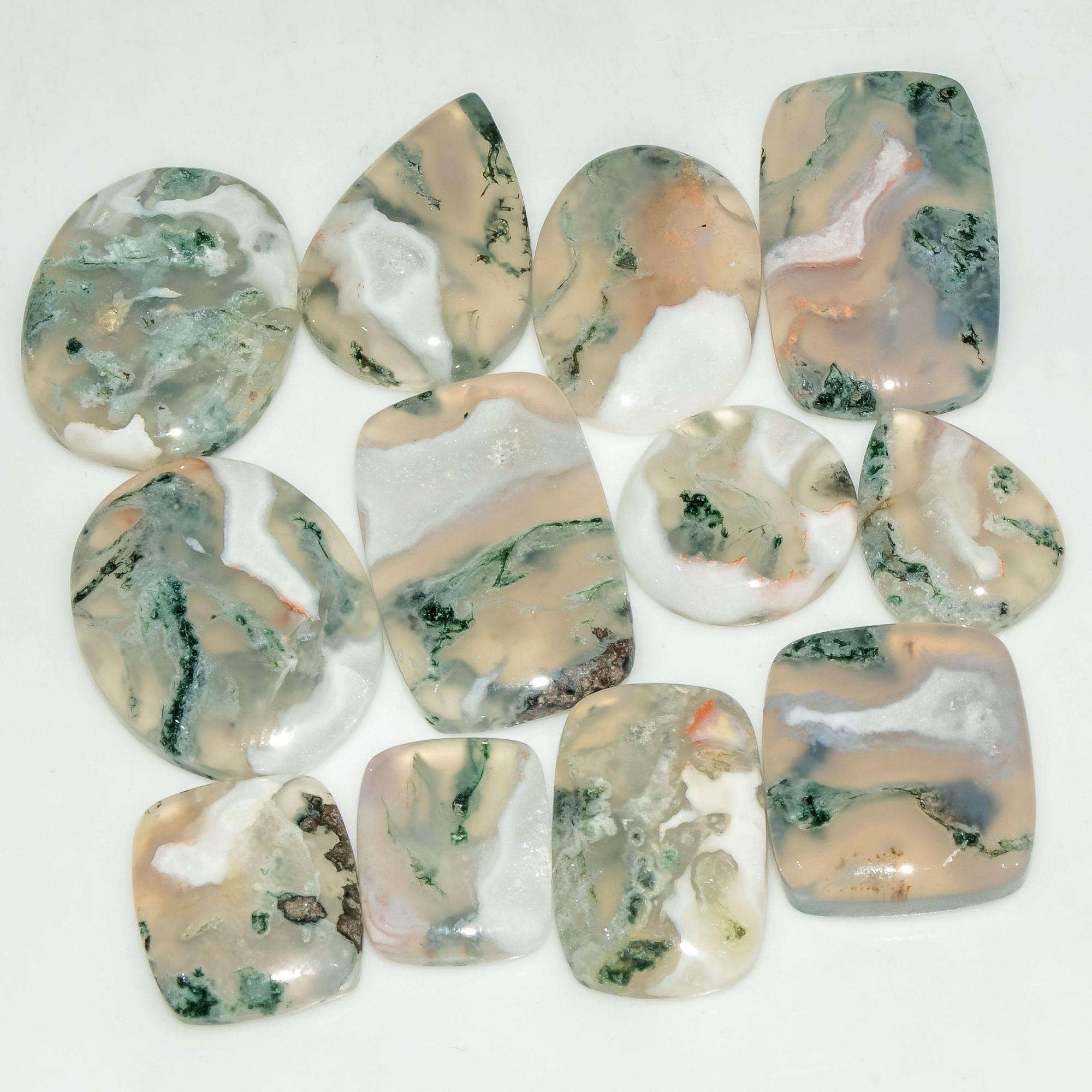 12 Pcs 180 Cts Natural Semi-Precious Gemstone Green Moss Agate Mixed Shapes 25x15 15x10mm 18226
