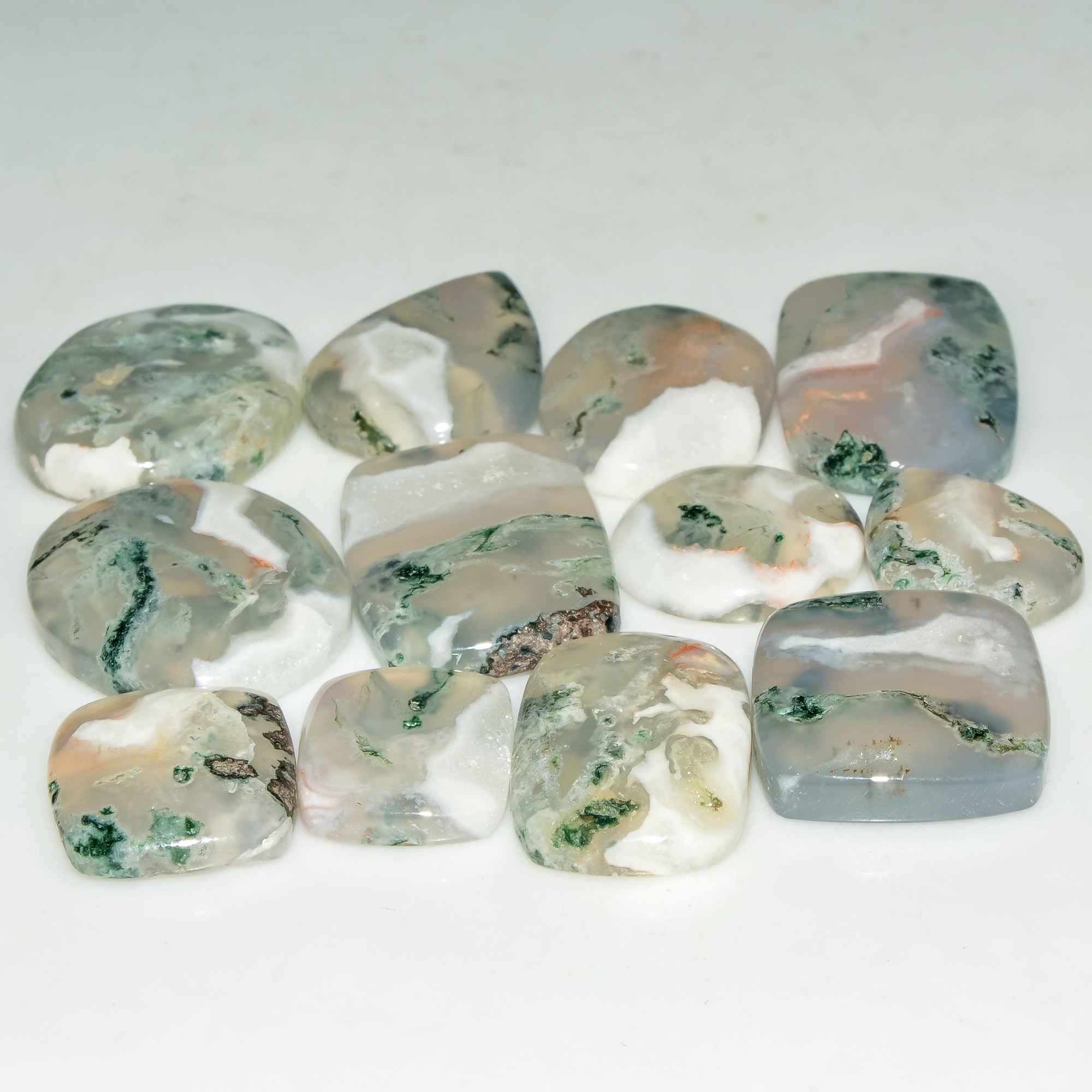 12 Pcs 180 Cts Natural Semi-Precious Gemstone Green Moss Agate Mixed Shapes 25x15 15x10mm 18226