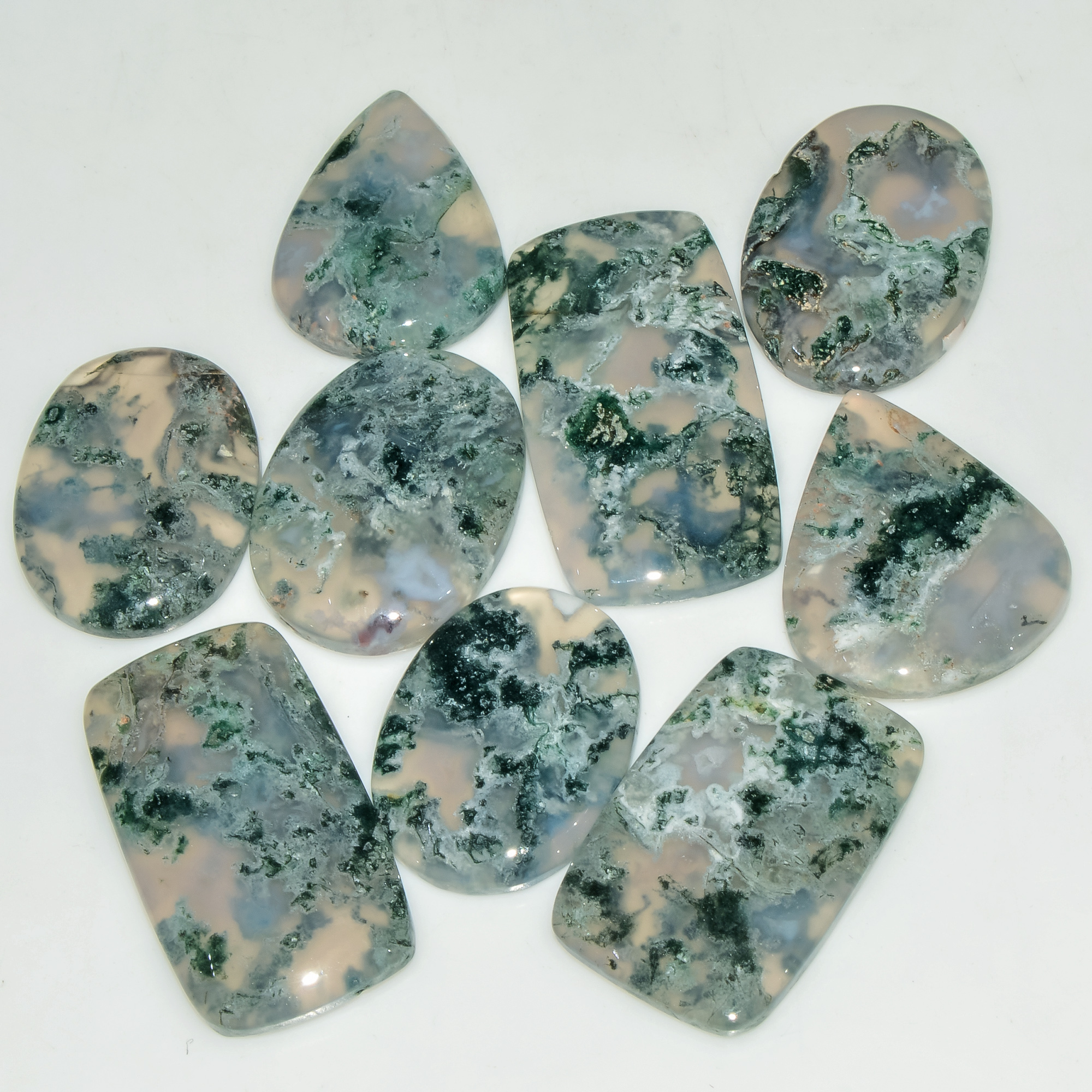 9 Pcs 197 Cts  Natural Semi-Precious Gemstone Green Moss Agate Mixed Shapes 32x15 22x15mm 18227