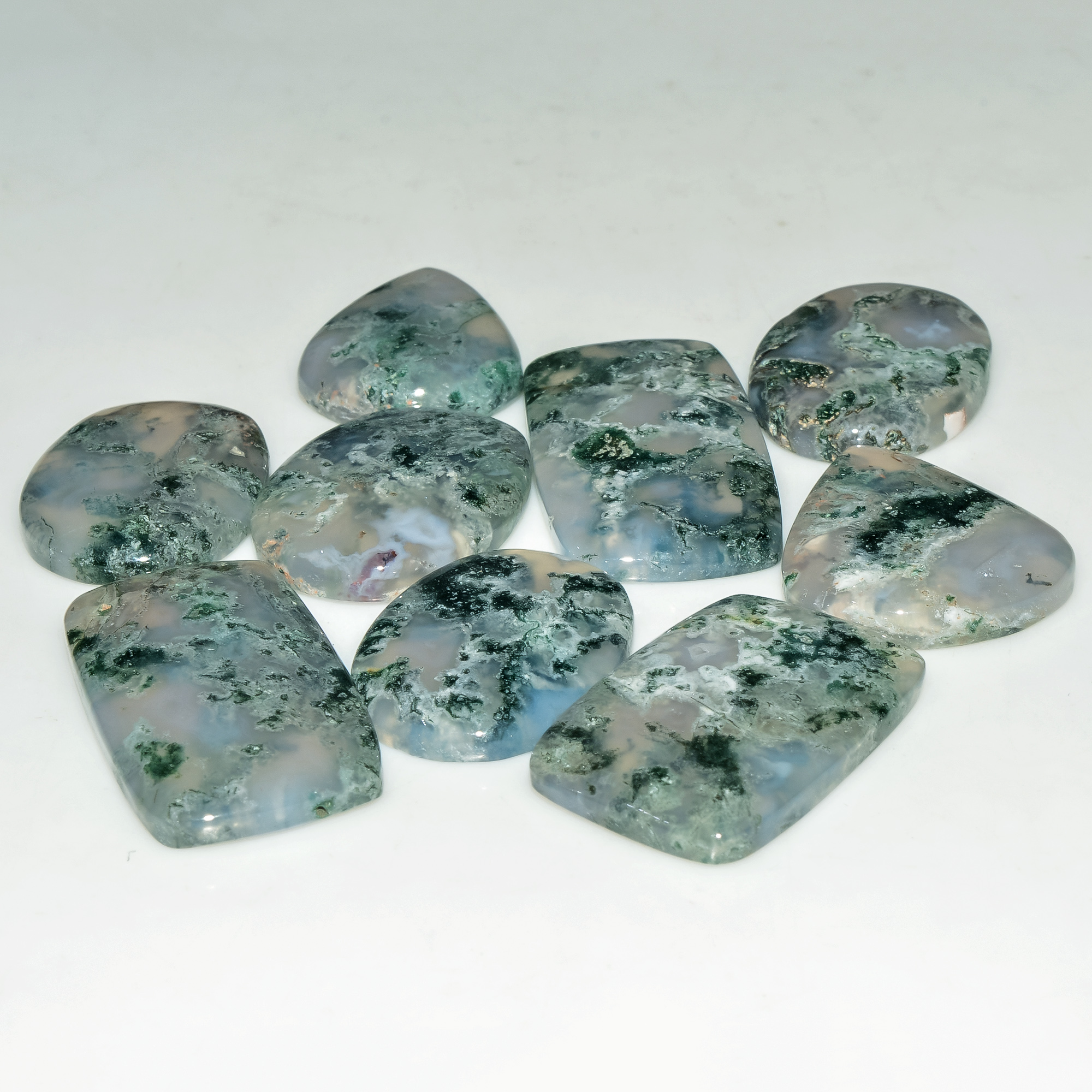 9 Pcs 197 Cts Natural Semi-Precious Gemstone Green Moss Agate Mixed Shapes 32x15 22x15mm 18227