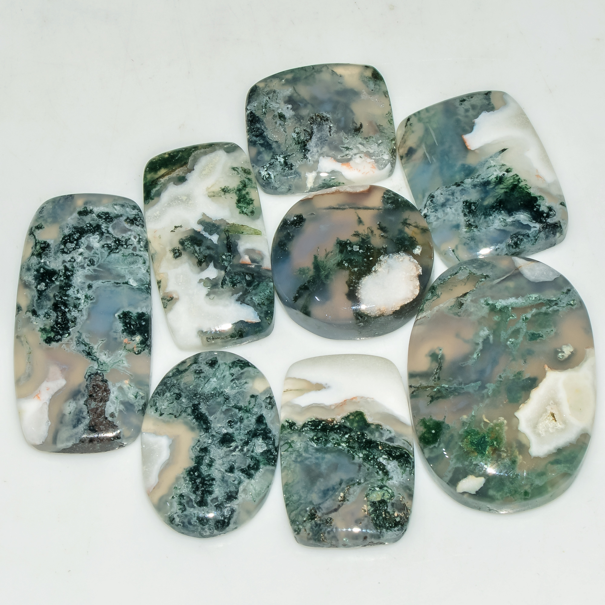 8 Pcs 189 Cts  Natural Semi-Precious Gemstone Green Moss Agate Mixed Shapes 34x15 16x15mm 18228