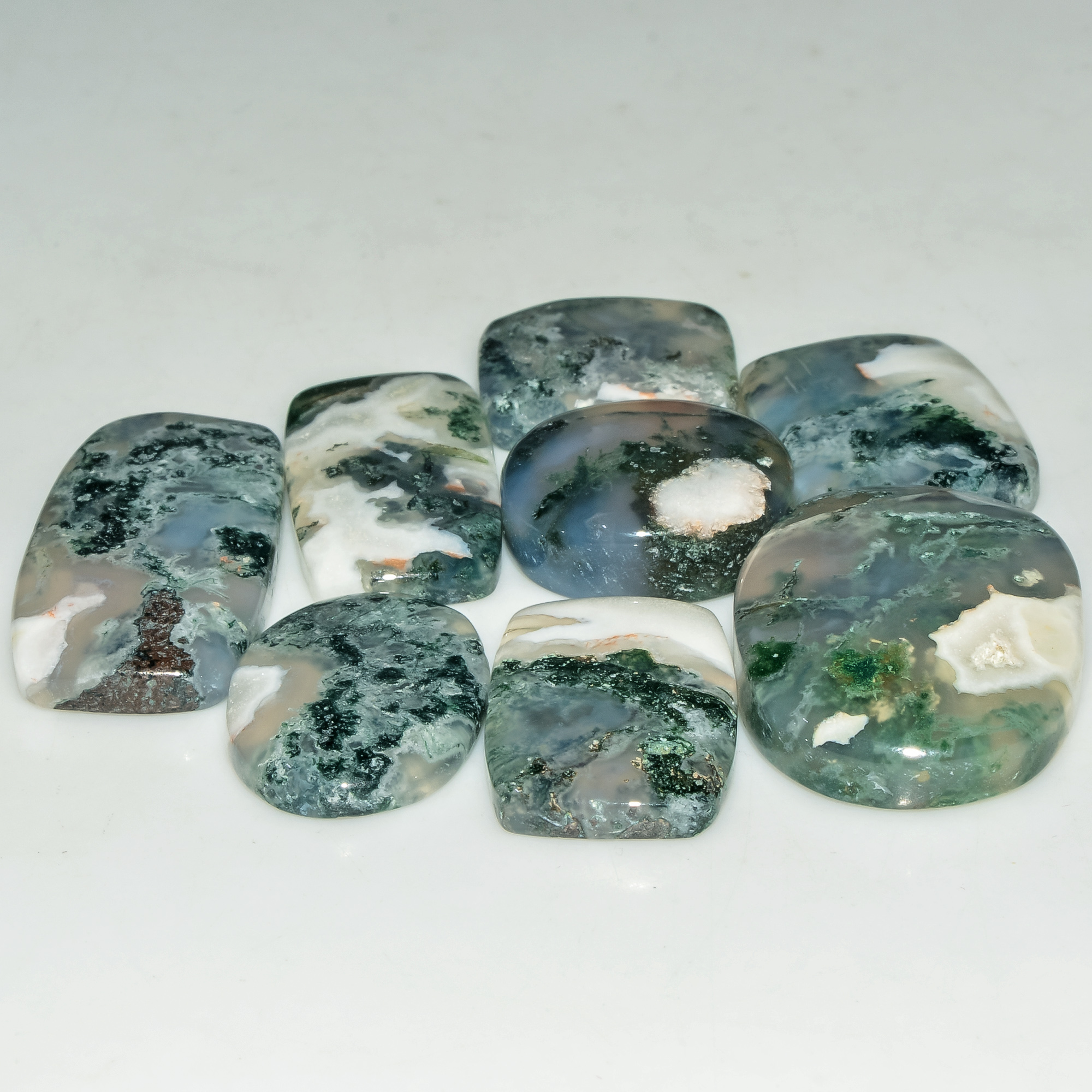 8 Pcs 189 Cts  Natural Semi-Precious Gemstone Green Moss Agate Mixed Shapes 34x15 16x15mm 18228
