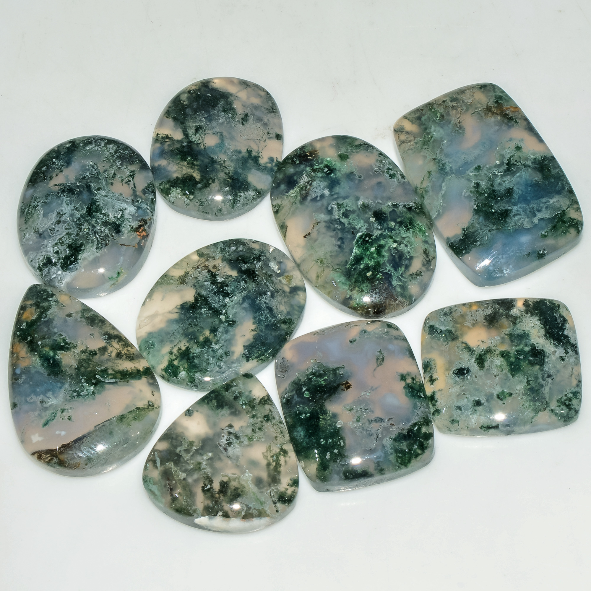 9 Pcs 221 Cts Natural Semi-Precious Gemstone Green Moss Agate Mixed Shapes 29x19 20x19mm 18229
