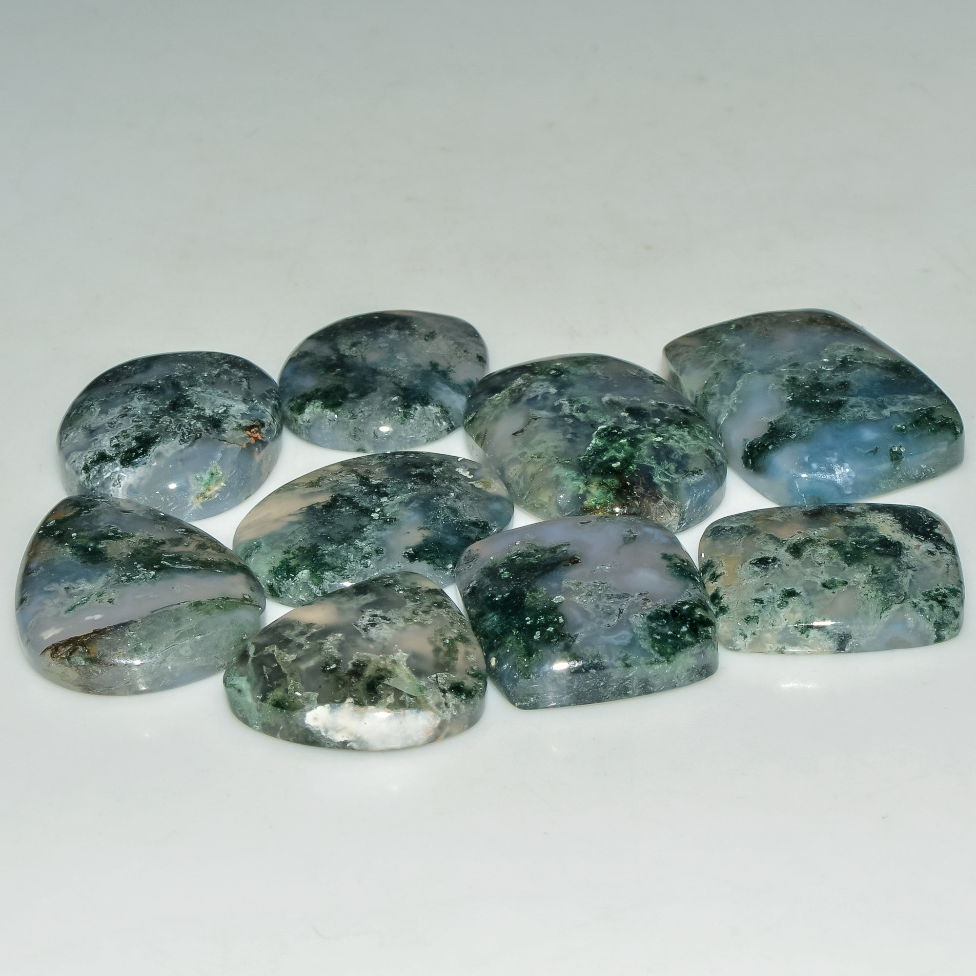 9 Pcs 221 Cts  Natural Semi-Precious Gemstone Green Moss Agate Mixed Shapes 29x19 20x19mm 18229