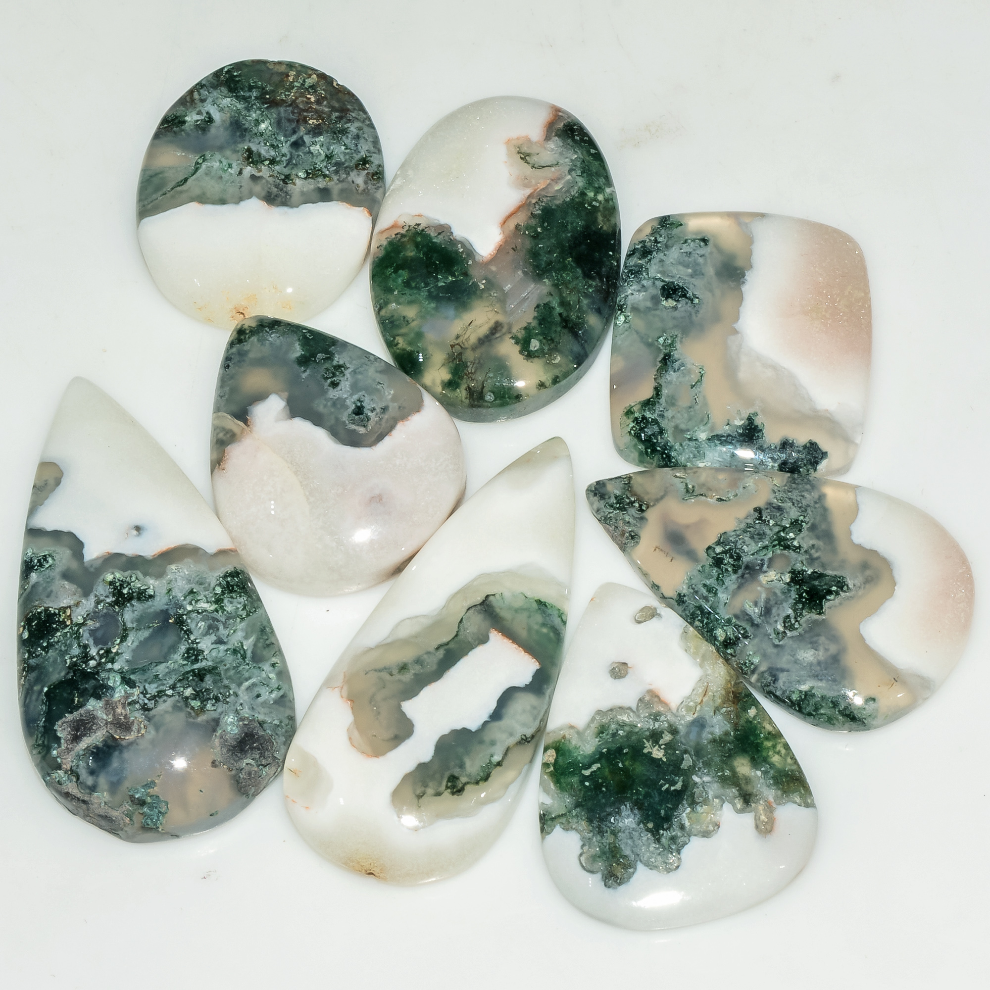 8 Pcs 164 Cts  Natural Semi-Precious Gemstone Green Moss Agate Mixed Shapes 36x18 20x18mm 18230