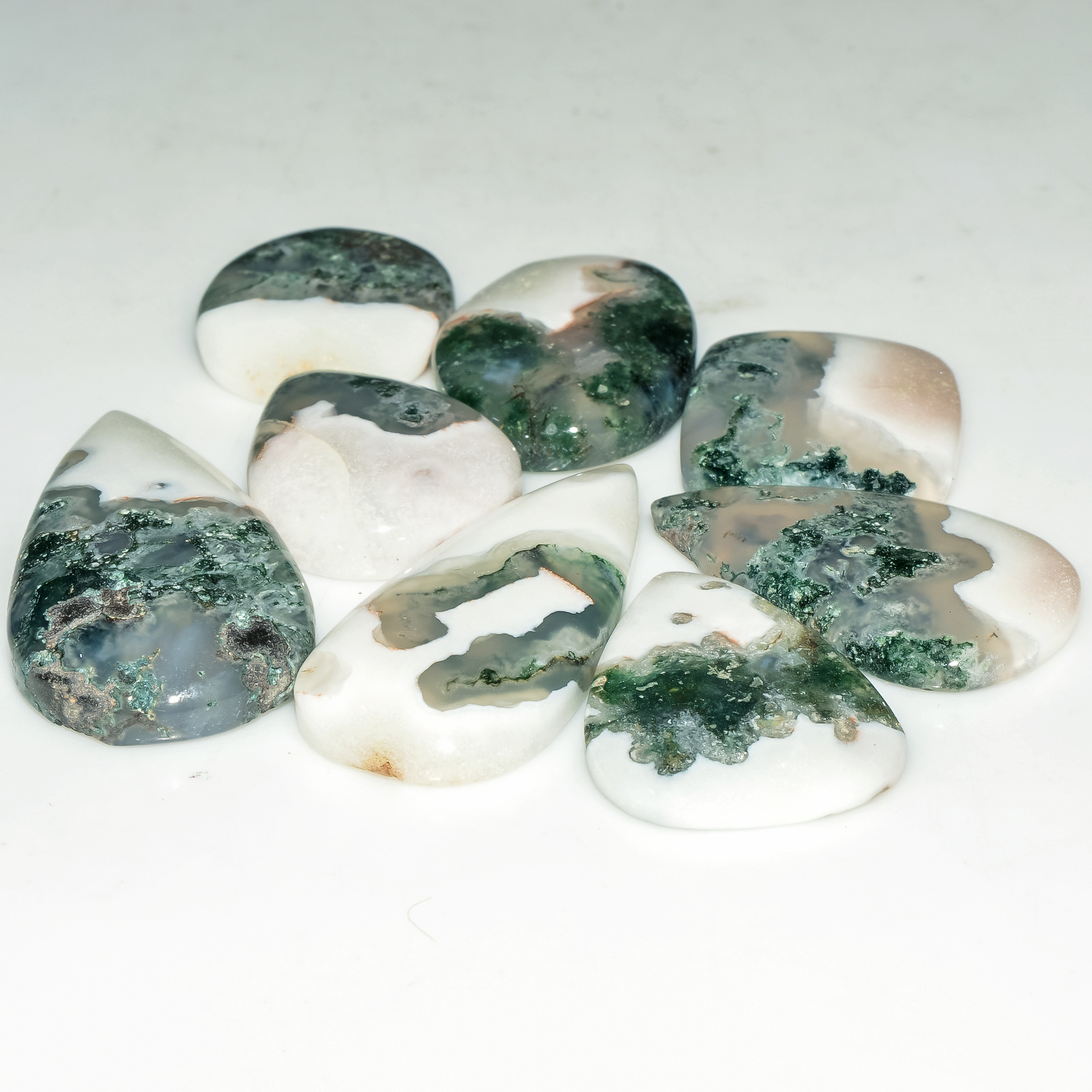 8 Pcs 164 Cts  Natural Semi-Precious Gemstone Green Moss Agate Mixed Shapes 36x18 20x18mm 18230