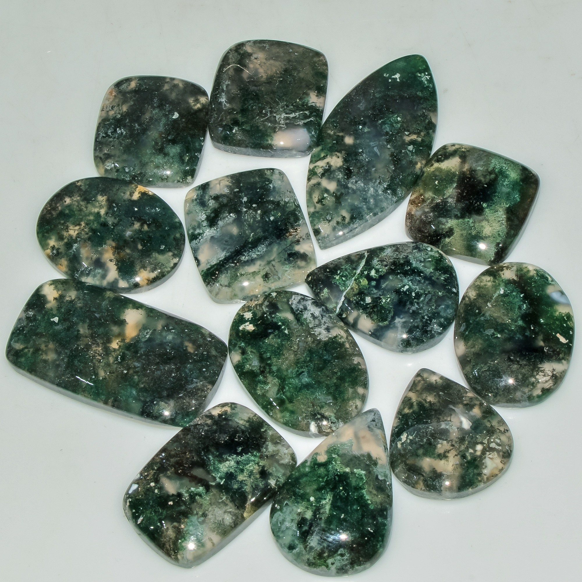 13 Pcs 212 Cts  Natural Semi-Precious Gemstone Green Moss Agate Mixed Shapes 34x14 15x14mm 18231