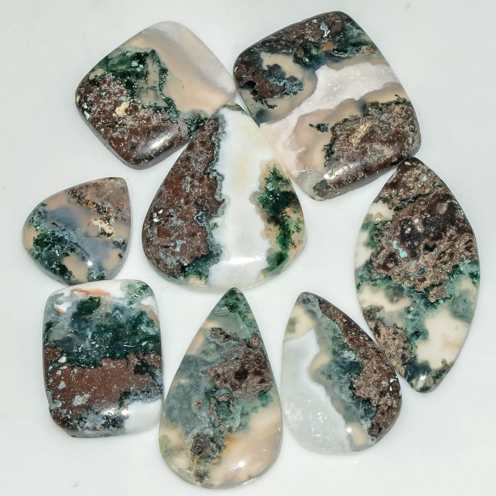 8 Pcs 129 Cts  Natural Semi-Precious Gemstone Green Moss Agate Mixed Shapes 32x14 15x13mm 18232