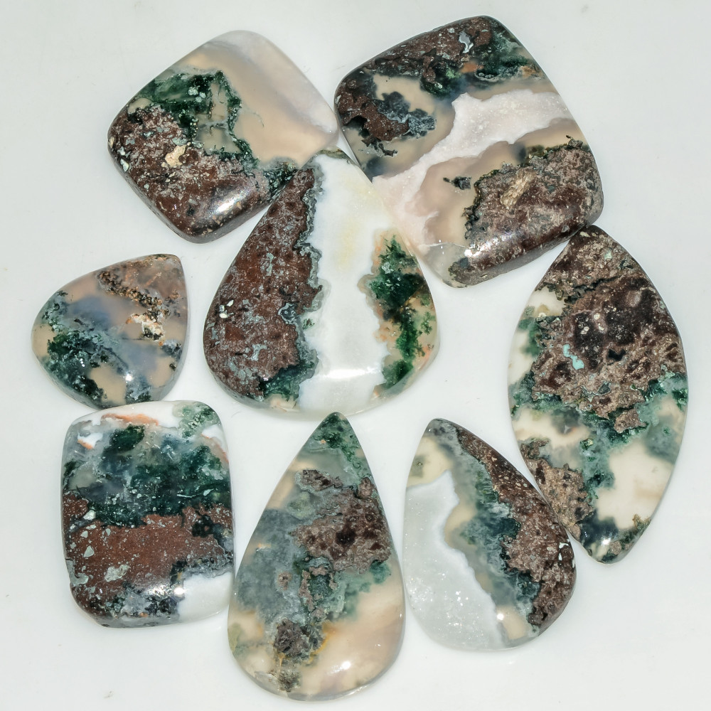 Image of 8 Pcs 129 Cts  Natural Semi-Precious Gemstone Green Moss Agate Mixed Shapes 32x14 15x13mm #18232