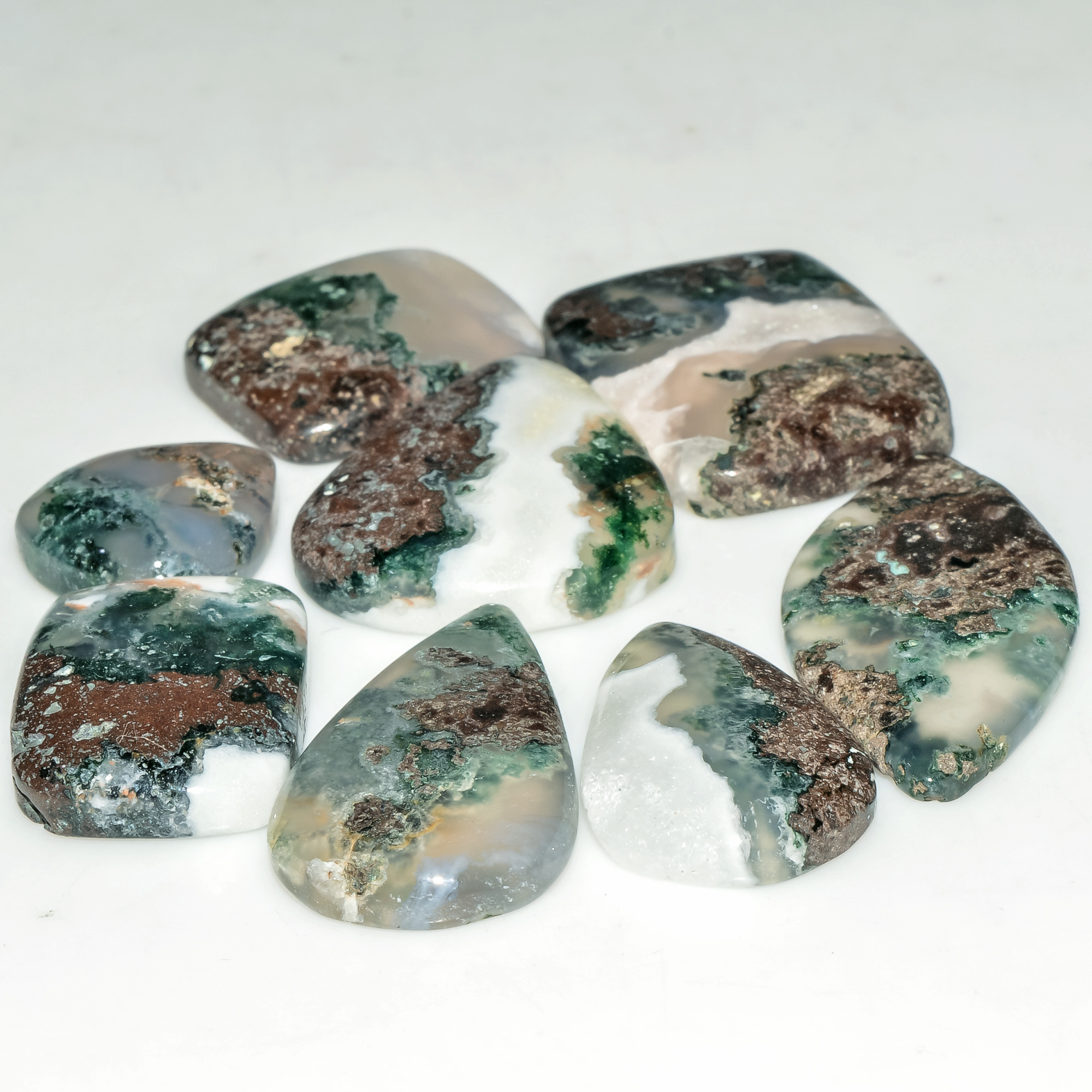8 Pcs 129 Cts  Natural Semi-Precious Gemstone Green Moss Agate Mixed Shapes 32x14 15x13mm 18232