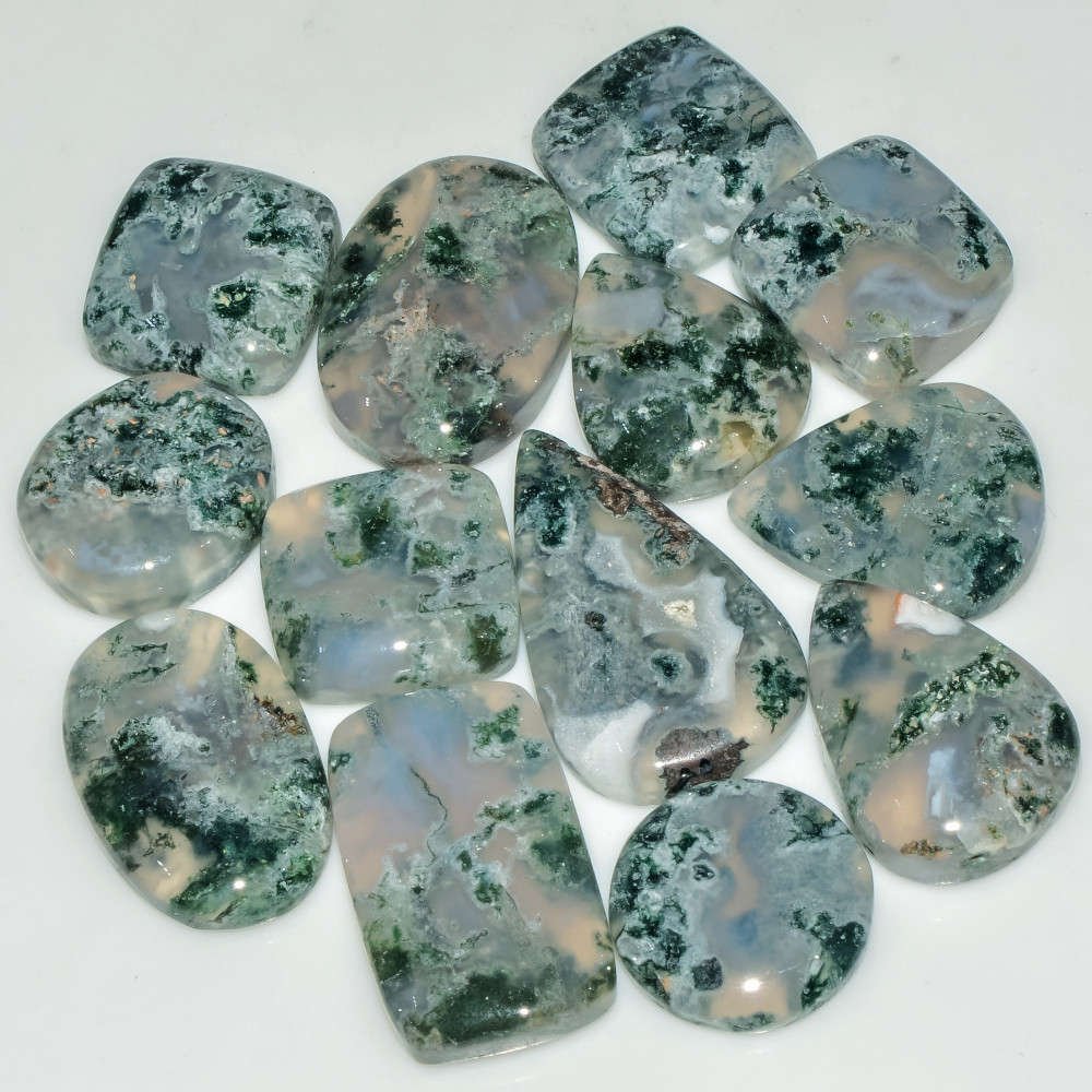 Image of 13 Pcs 234 Cts  Natural Semi-Precious Gemstone Green Moss Agate Mixed Shapes 28x16 15x15mm #18233