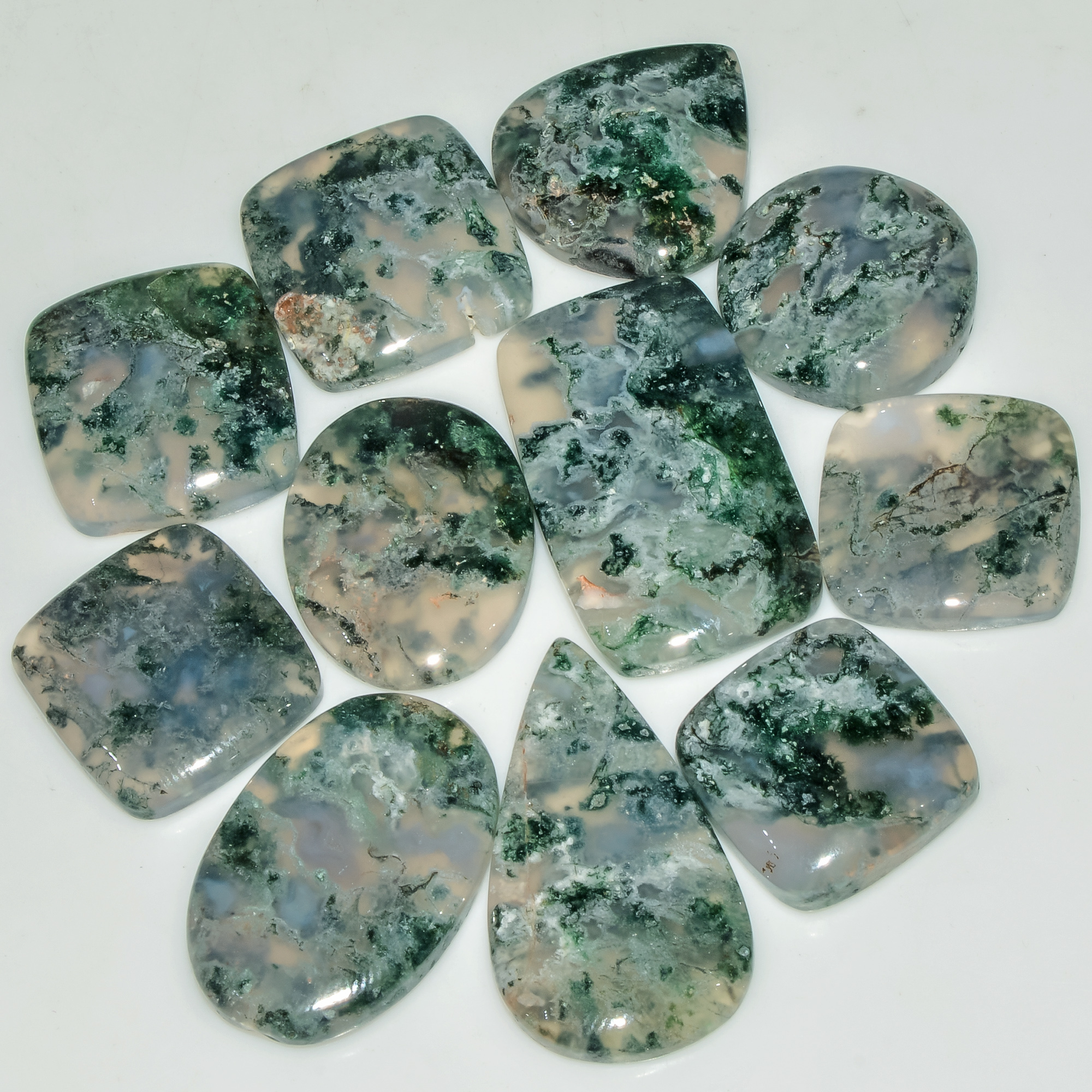 11 Pcs 212 Cts  Natural Semi-Precious Gemstone Green Moss Agate Mixed Shapes 30x16 15x15mm 18235