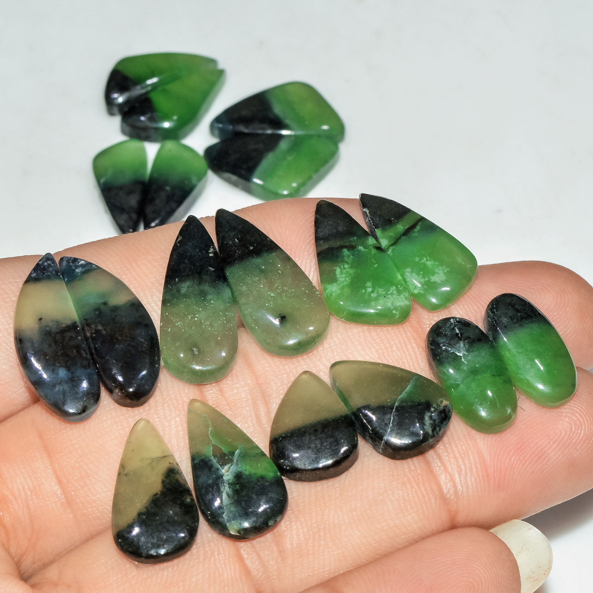 9 Pairs 115 Cts Natural Green Serpentine Loose Cabochon Gemstone Lot 22x7 14x10mm 18243