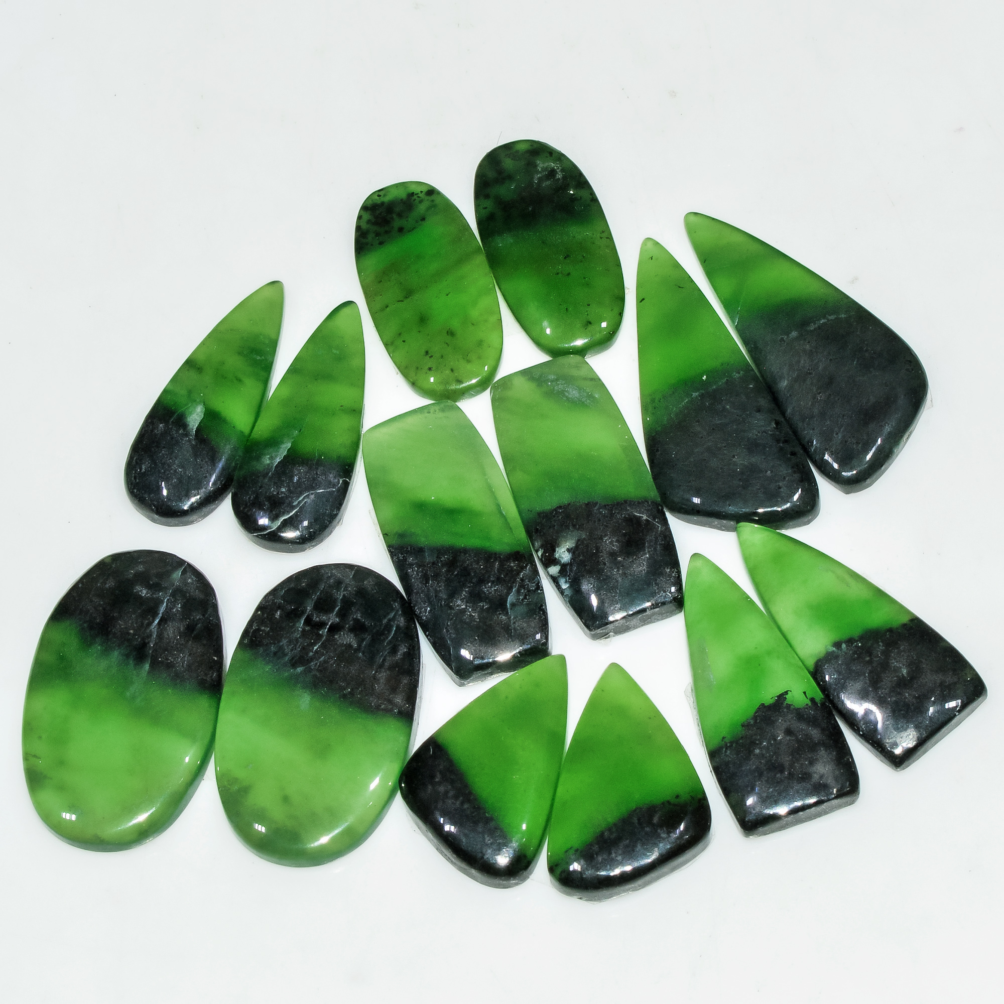 7 Pairs 171 Cts Natural Green Serpentine Loose Cabochon Gemstone Lot 30x11 20x12mm 18245