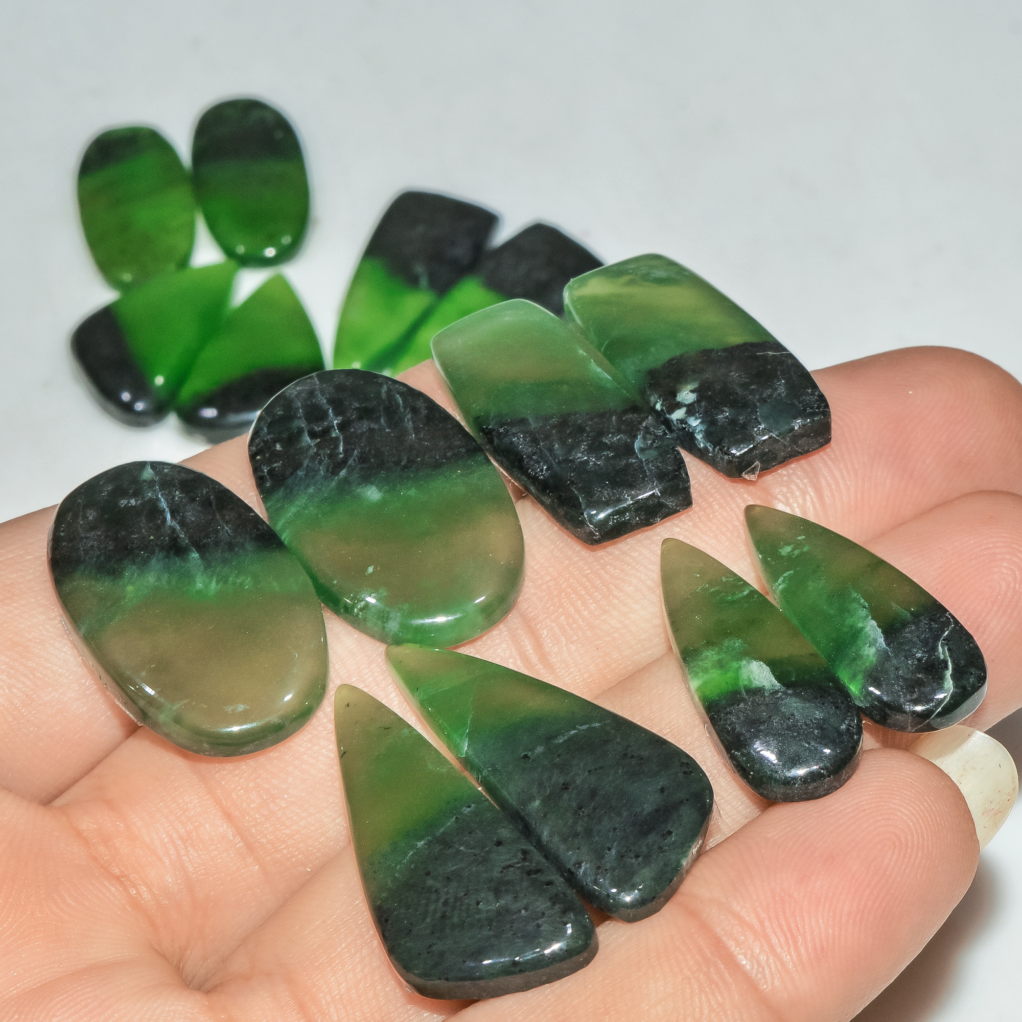 7 Pairs 171 Cts Natural Green Serpentine Loose Cabochon Gemstone Lot 30x11 20x12mm 18245