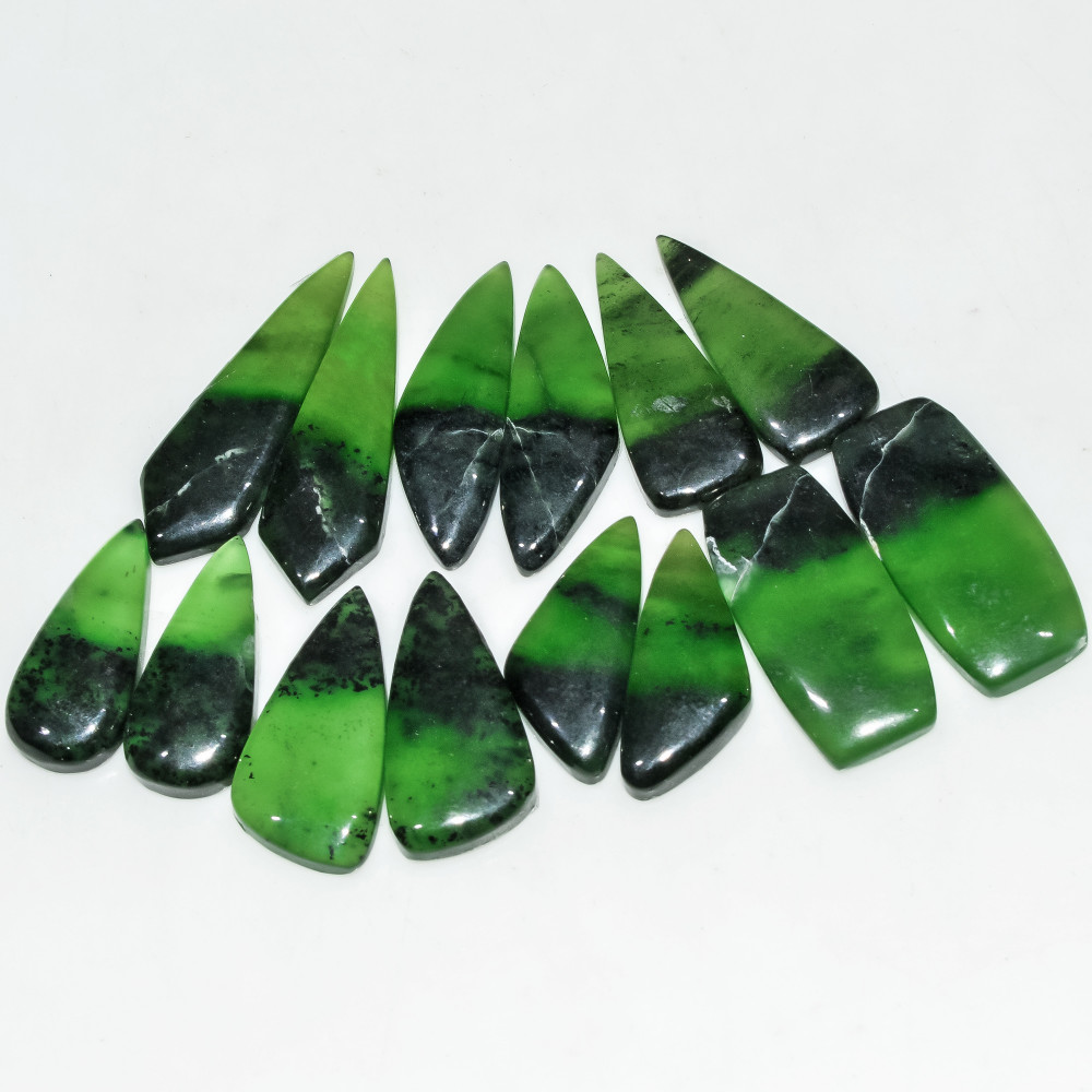 Image of 7 Pairs 136 Cts Natural Green Serpentine Loose Cabochon Gemstone Lot 30x9 21x9mm #18246