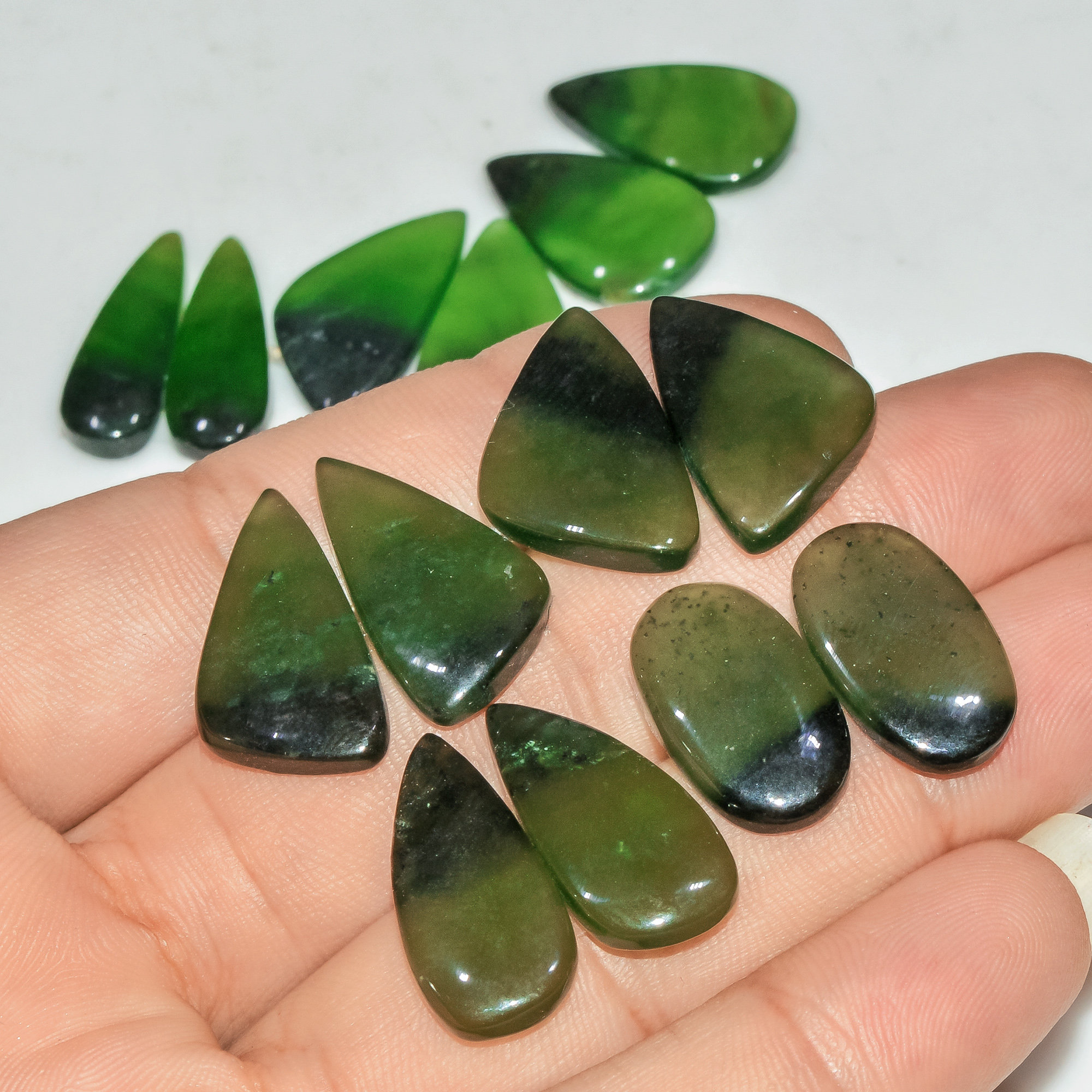 7 Pairs 123 Cts Natural Green Serpentine Loose Cabochon Gemstone Lot 24x11 20x10mm 18249
