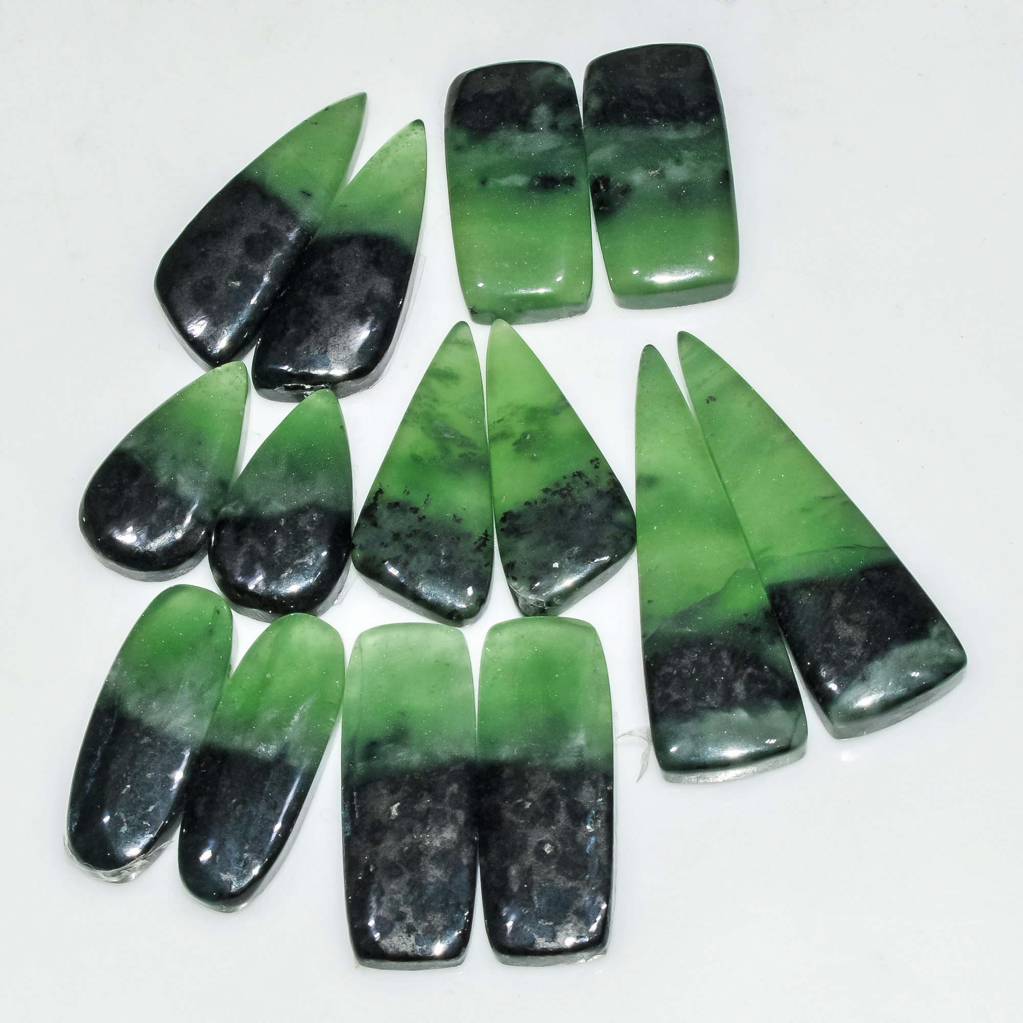 7 Pairs 162 Cts Natural Green Serpentine Gemstone Cabochon Lot For Jewelry Making 35x10 18x10mm 18273