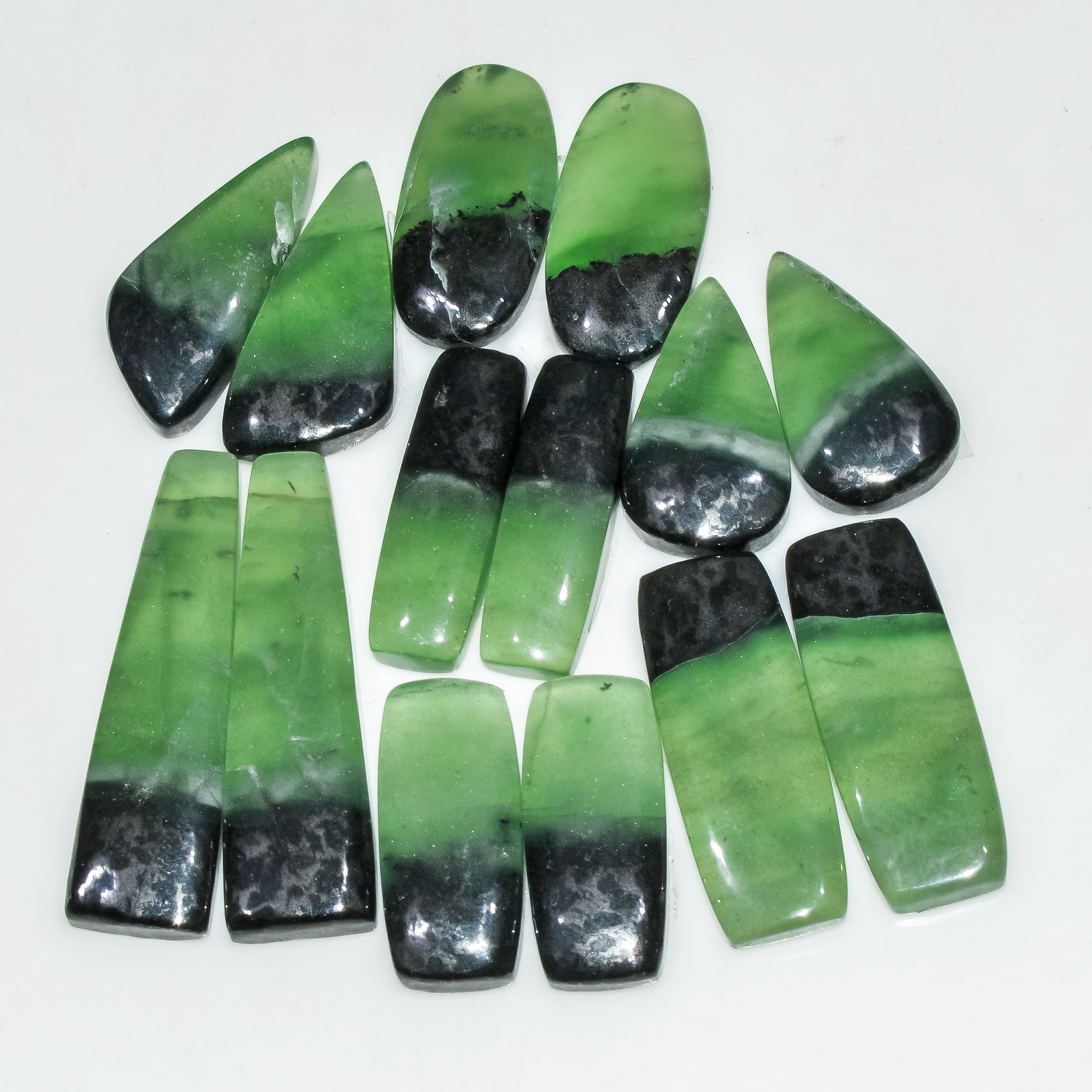 7 Pairs 178 Cts Natural Green Serpentine Gemstone Cabochon Lot For Jewelry Making 35x10 20x10mm 18276