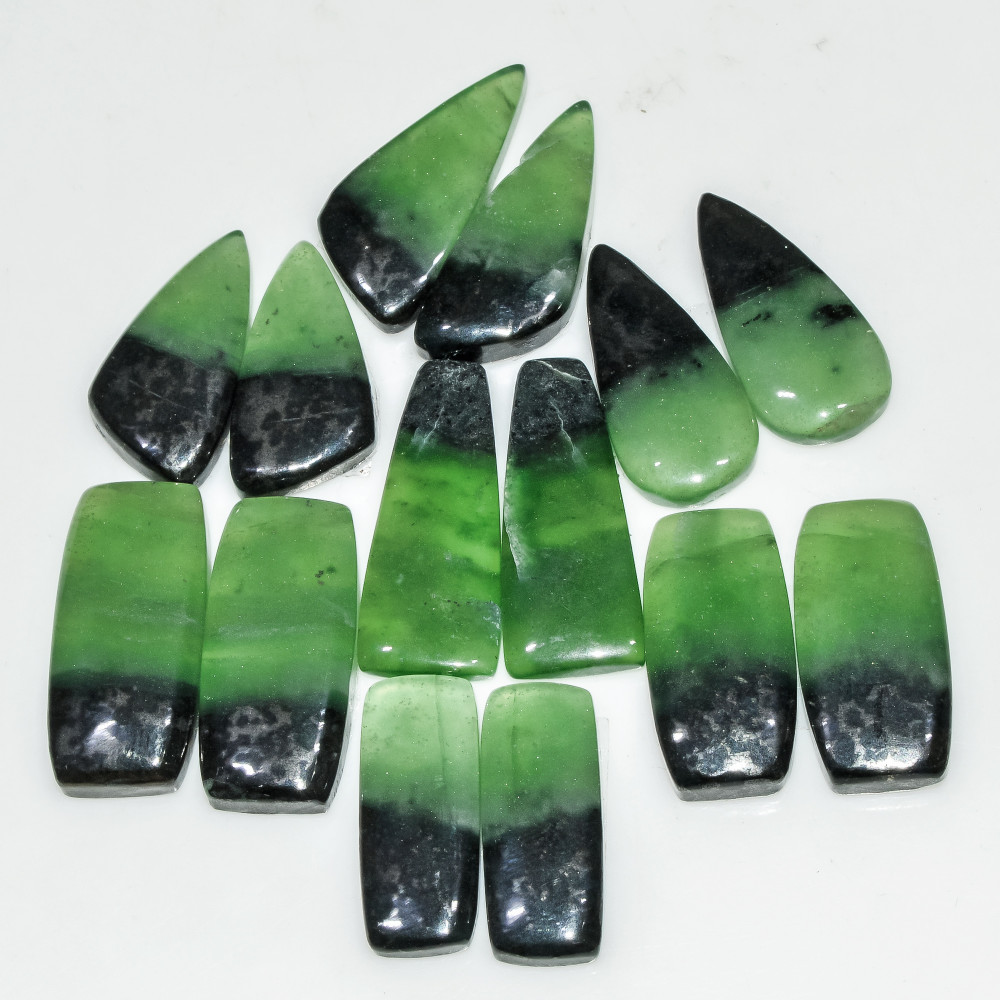Image of 7 Pairs 172 Cts Green Serpentine Loose Cabochon Natural Matching Pairs Semi-Precious Gemstones 25x10 22x10mm #18278