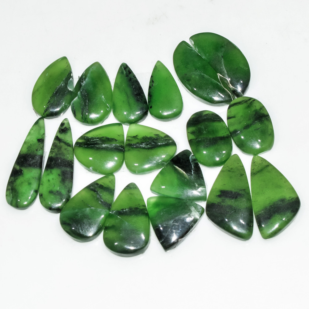Image of 9 Pairs 104 Cts Green Serpentine Loose Cabochon Natural Matching Pairs Semi-Precious Gemstones 24x6 14x11mm #18284