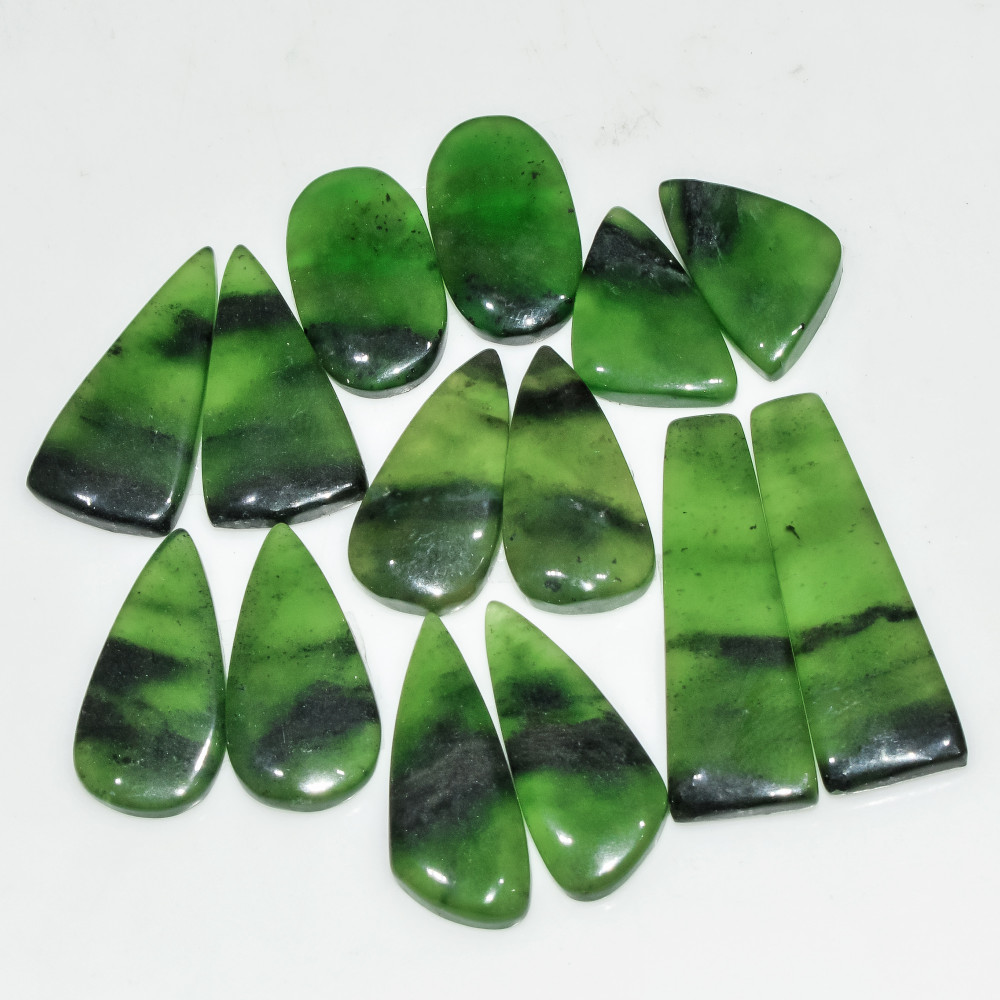Image of 7 Pairs 132 Cts Green Serpentine Loose Cabochon Natural Matching Pairs Semi-Precious Gemstones 32x10 20x10mm #18288