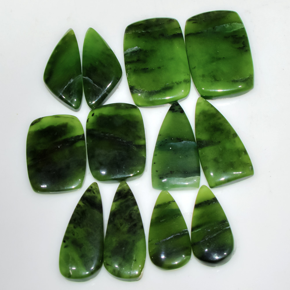 Image of 6 Pairs 125 Cts Natural Green Serpentine Loose Cabochon Mixed Shapes and Sizes Lot 25x15 20x14mm #18301