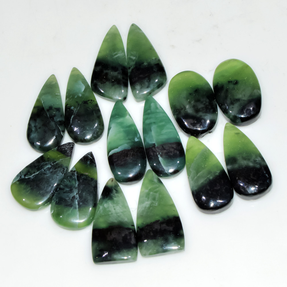 Image of 6 Pairs 145Cts Natural Green Serpentine Loose Cabochon Mixed Shapes and Size Lot 25x9 20x10mm #18305