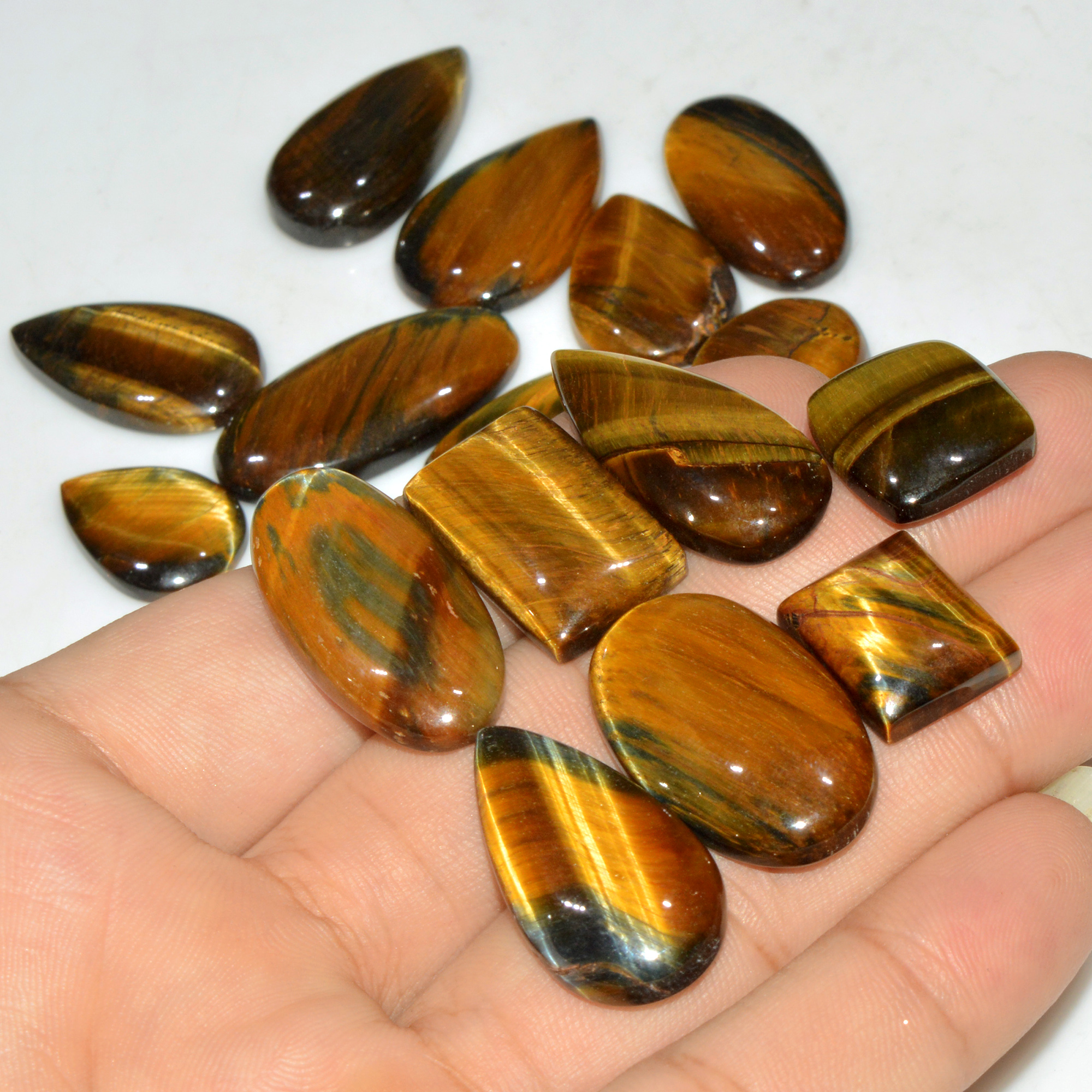 19 Pcs 335 Cts Natural Tiger Eye Cabochon Jewelry Making Gemstone Lot 30x14 15x14mm 18349