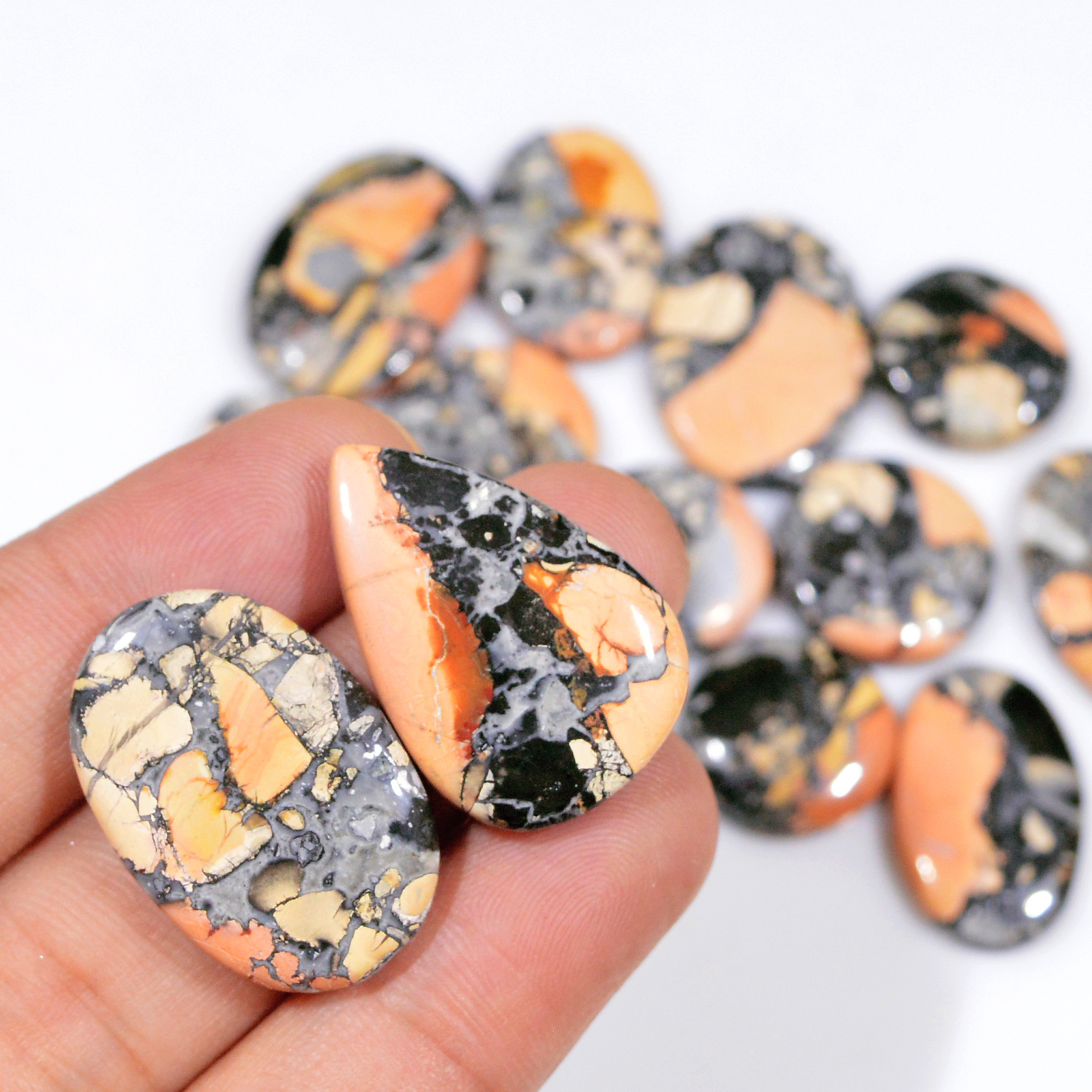 13 Pcs 245 Cts Natural Maligano Jasper Cabochon Healing Crystal Gemstone Lot 26x19 16x16mm 18376