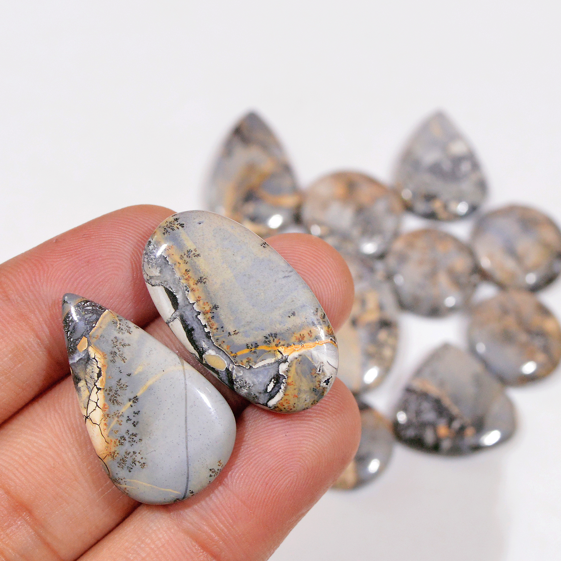 13 Pcs 222 Cts Natural Maligano Jasper Cabochon Handmade Silver Jewelry Supplies 26x15 15x15mm 18459