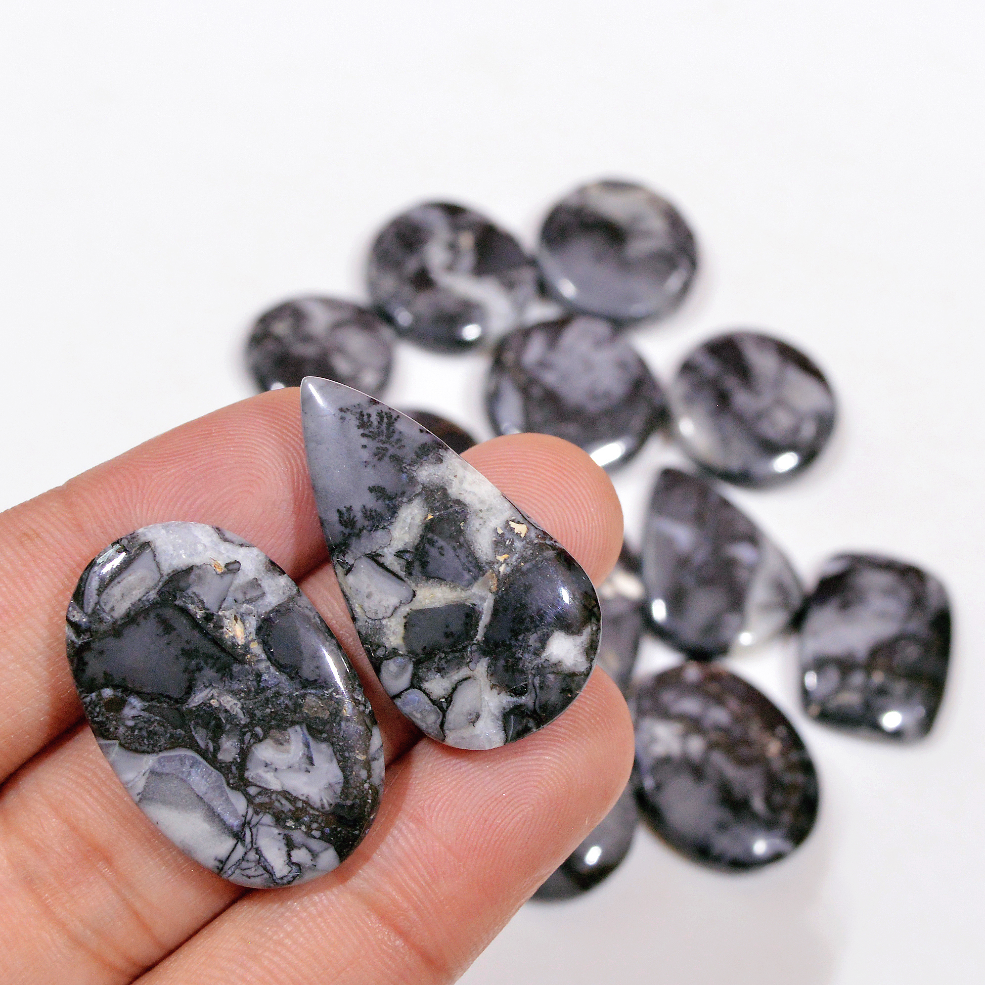 14 Pcs 214 Cts Natural Maligano Jasper Cabochon Handmade Silver Jewelry Supplies 30x15 15x15mm 18469