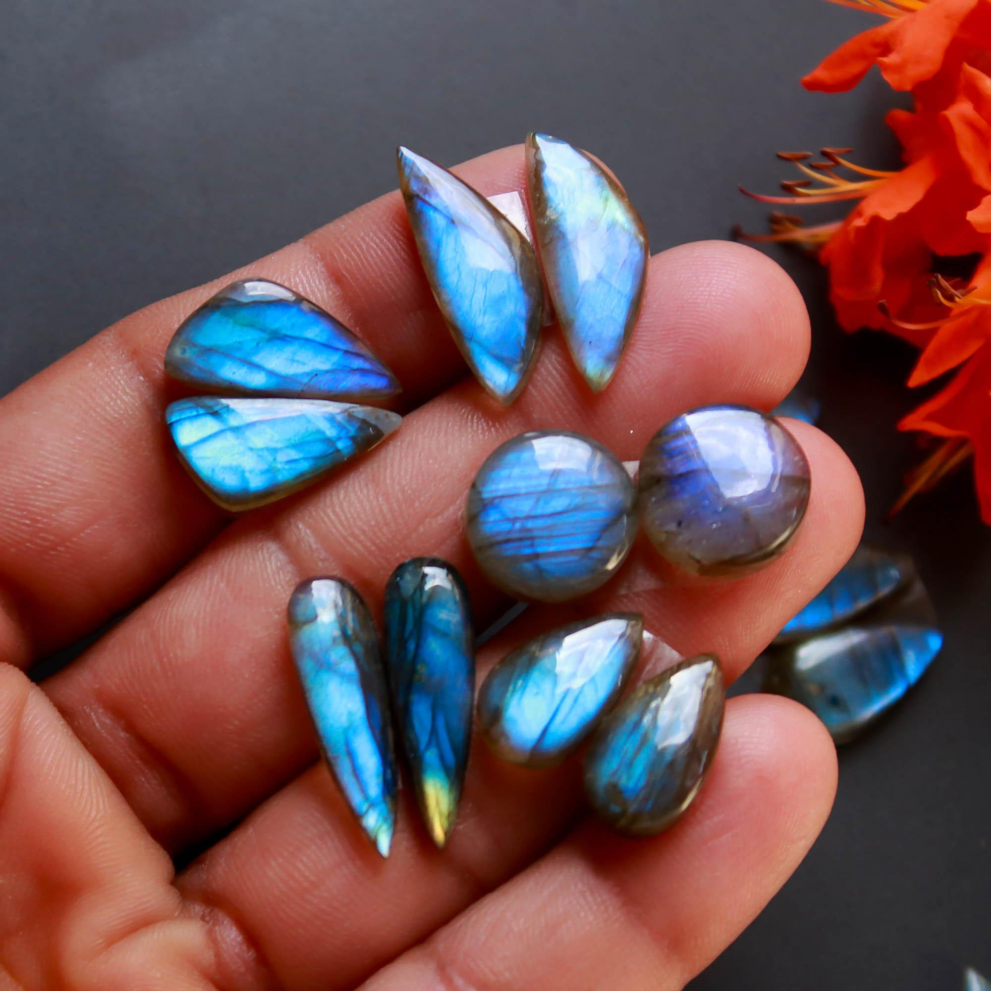 9Pairs 96Cts Natural Labradorite Gemstone Cabochon Pairs Lot 20x6 10x10mm 18472