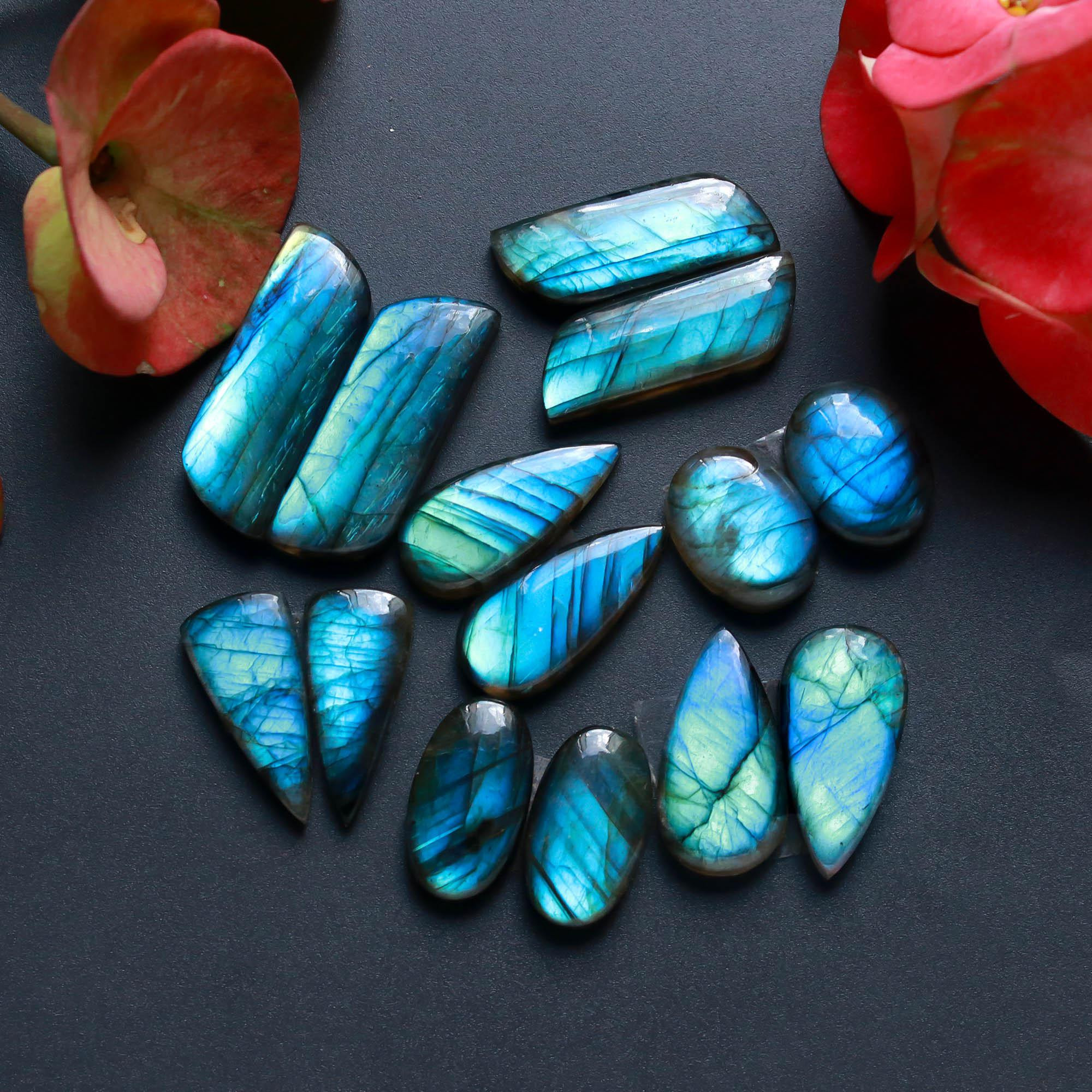 7Pairs 206Cts Natural Labradorite Gemstone Cabochon Pairs Lot 30x10 15x11mm 18482