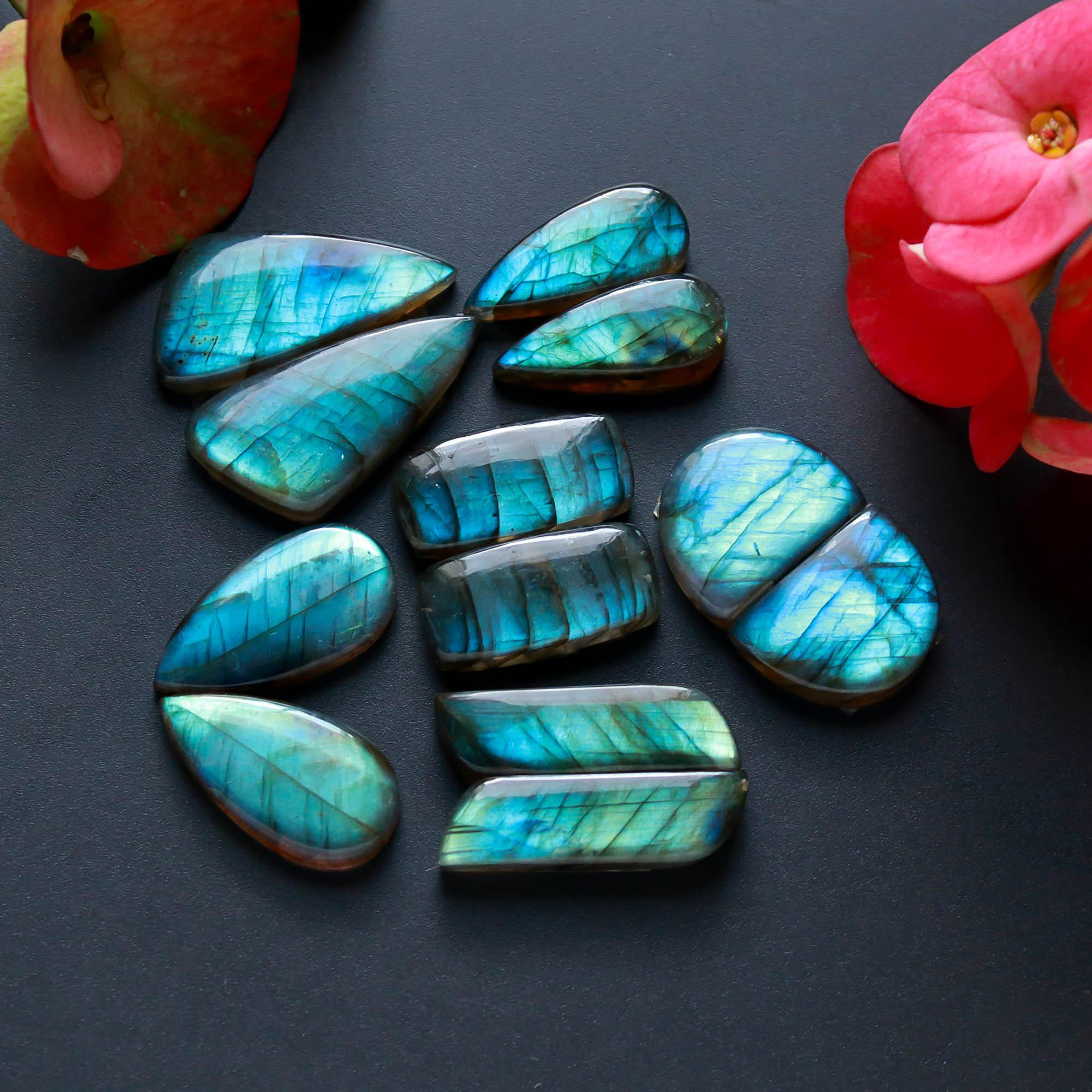 6Pairs 168Cts Natural Labradorite Gemstone Cabochon Pairs30x14 20x10mm 18488