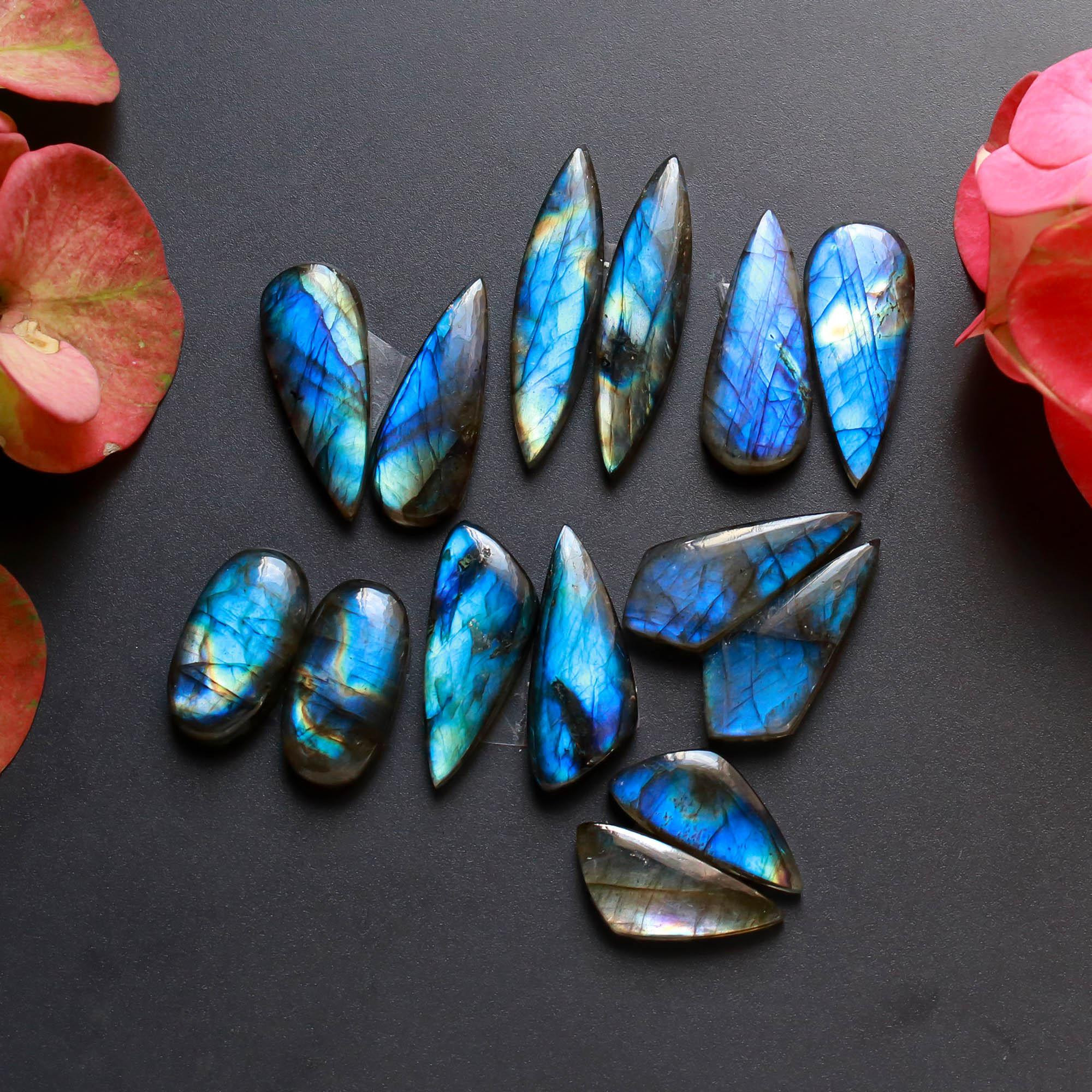 7Pairs 205Cts Natural Labradorite Gemstone Cabochon Pairs Lot 39x9 24x9mm 18490