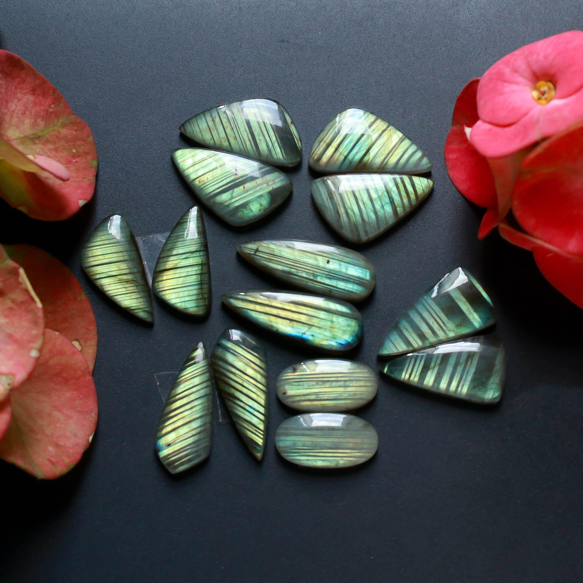 7Pairs 166Cts Natural Labradorite Gemstone Cabochon Pairs Lot 29x9 20x10mm 18494