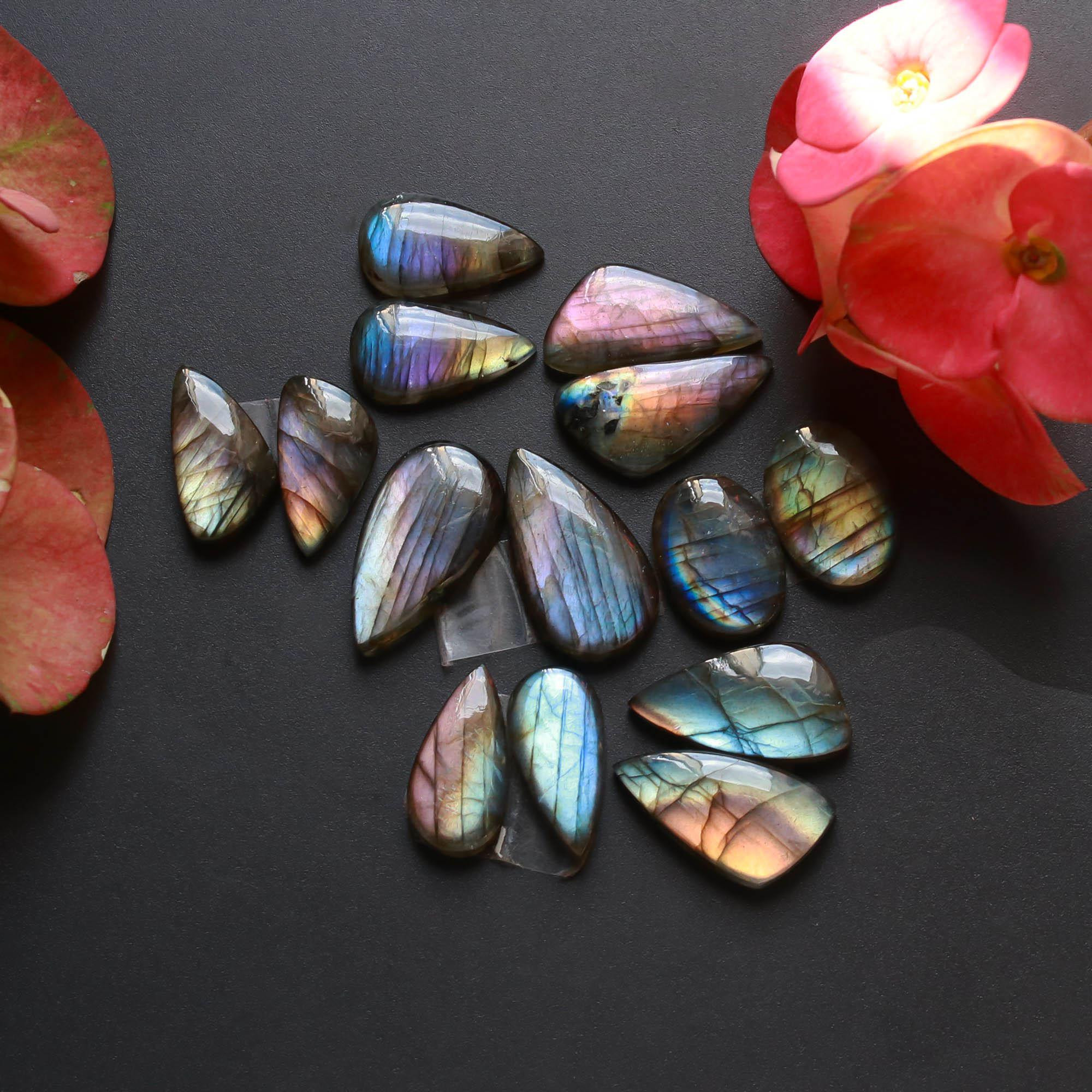 7Pairs 142Cts Natural Labradorite Gemstone Cabochon Pairs25x12 19x10mm 18495