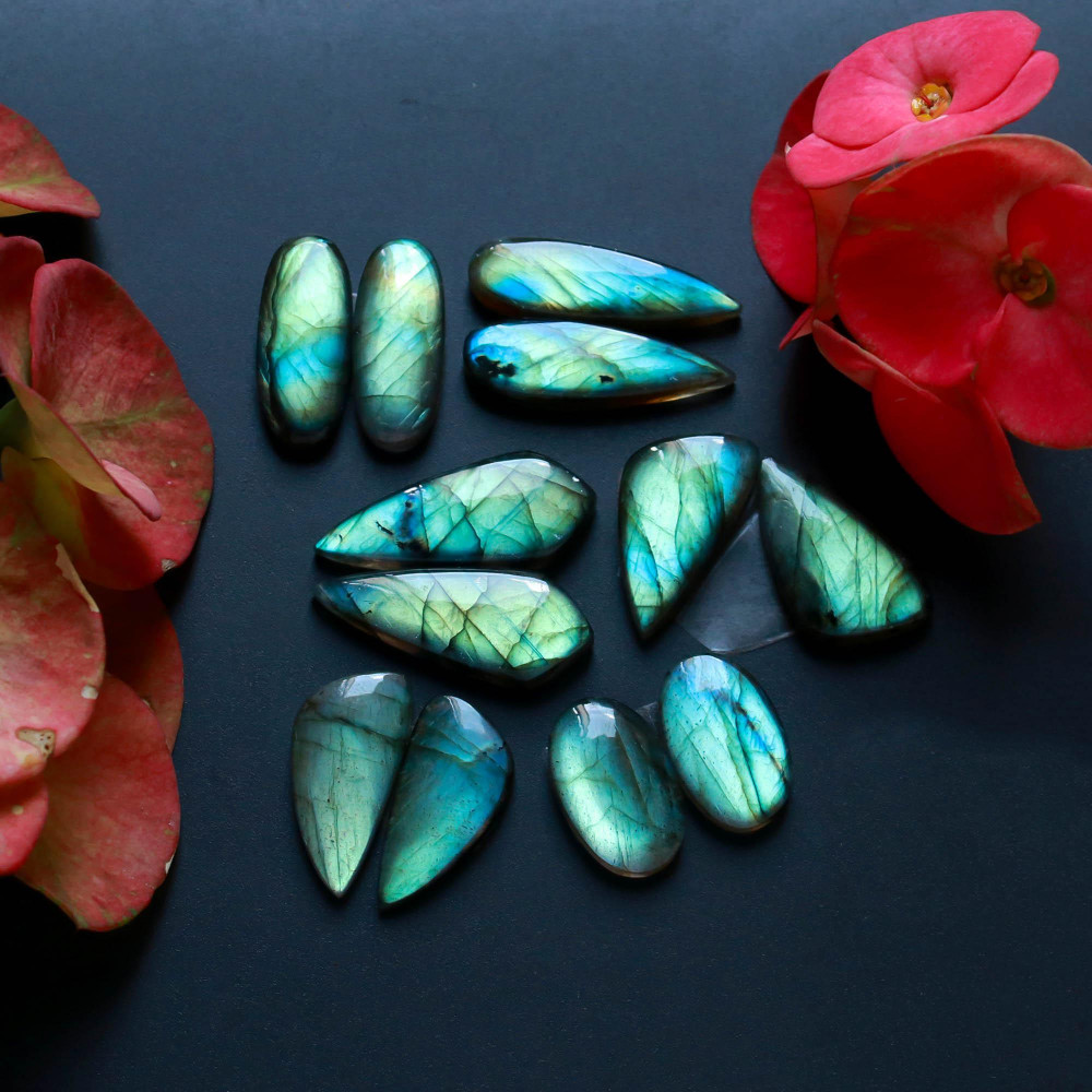 Image of 6Pairs 159Cts Natural Labradorite Gemstone Cabochon Pairs30x11 20x10mm #18496